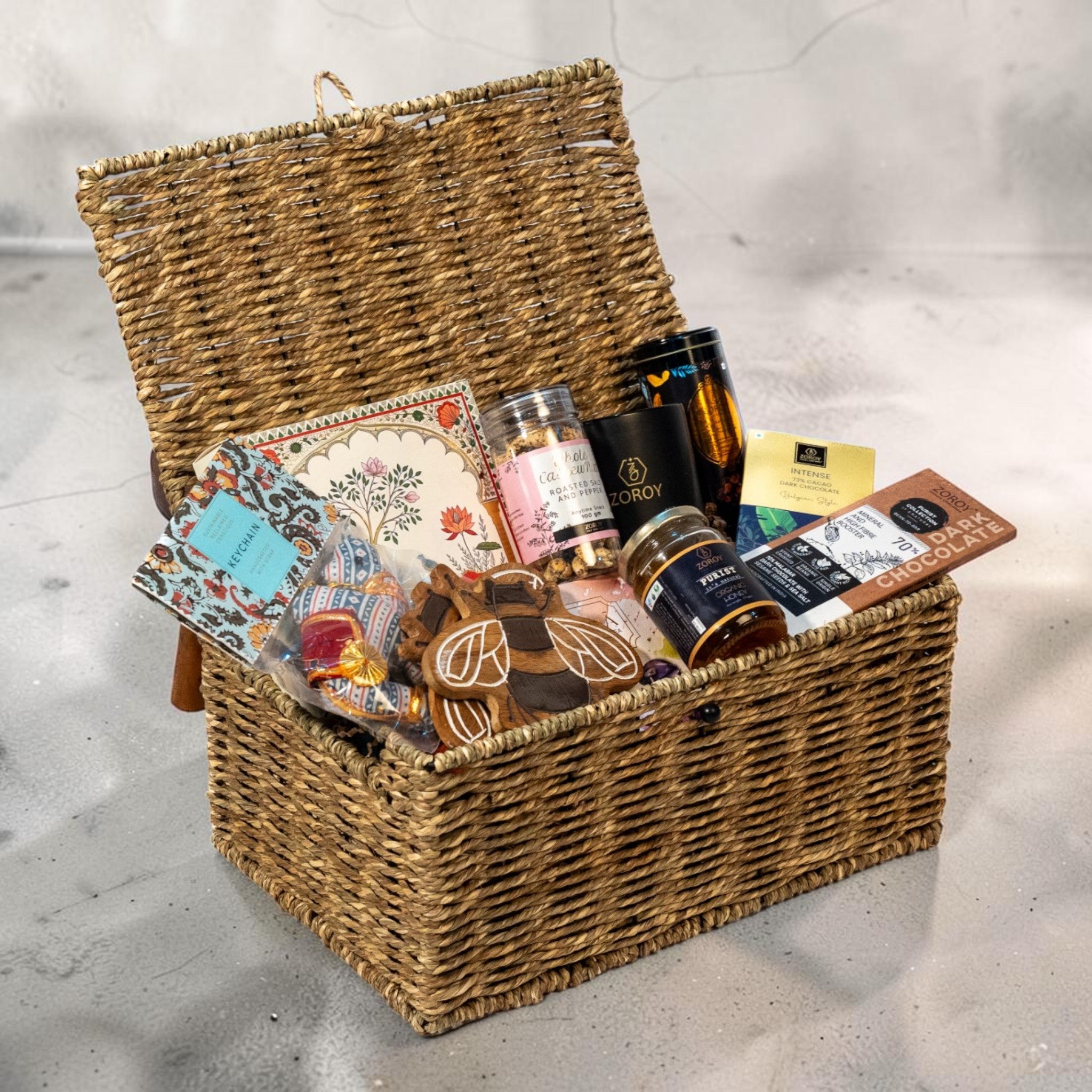 ZOROY Indian Host Gift Hamper with Tea, Honey, Chocolate, Cashews, Travel Mug & Handwoven Chest Box