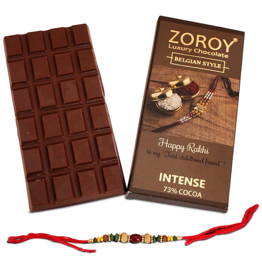 ZOROY LUXURY CHOCOLATE Rakhi Chocolate Gift for Brother | Rakhi Gift for Brother and Bhabhi | Rakhshabandhan gift for sister| Rakhi gift chocolate pack | Pure Couverture 73% Dark chocolate | 100 grams