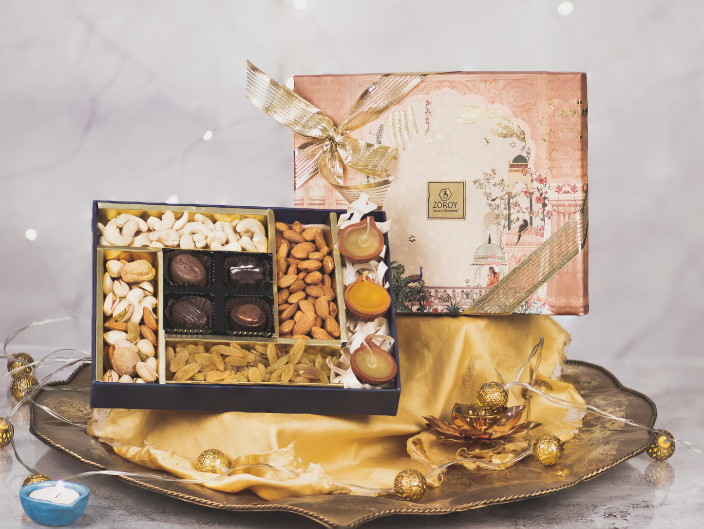 ZOROY Large Combo Festive box of assorted dry fruits, chocolates and diyas