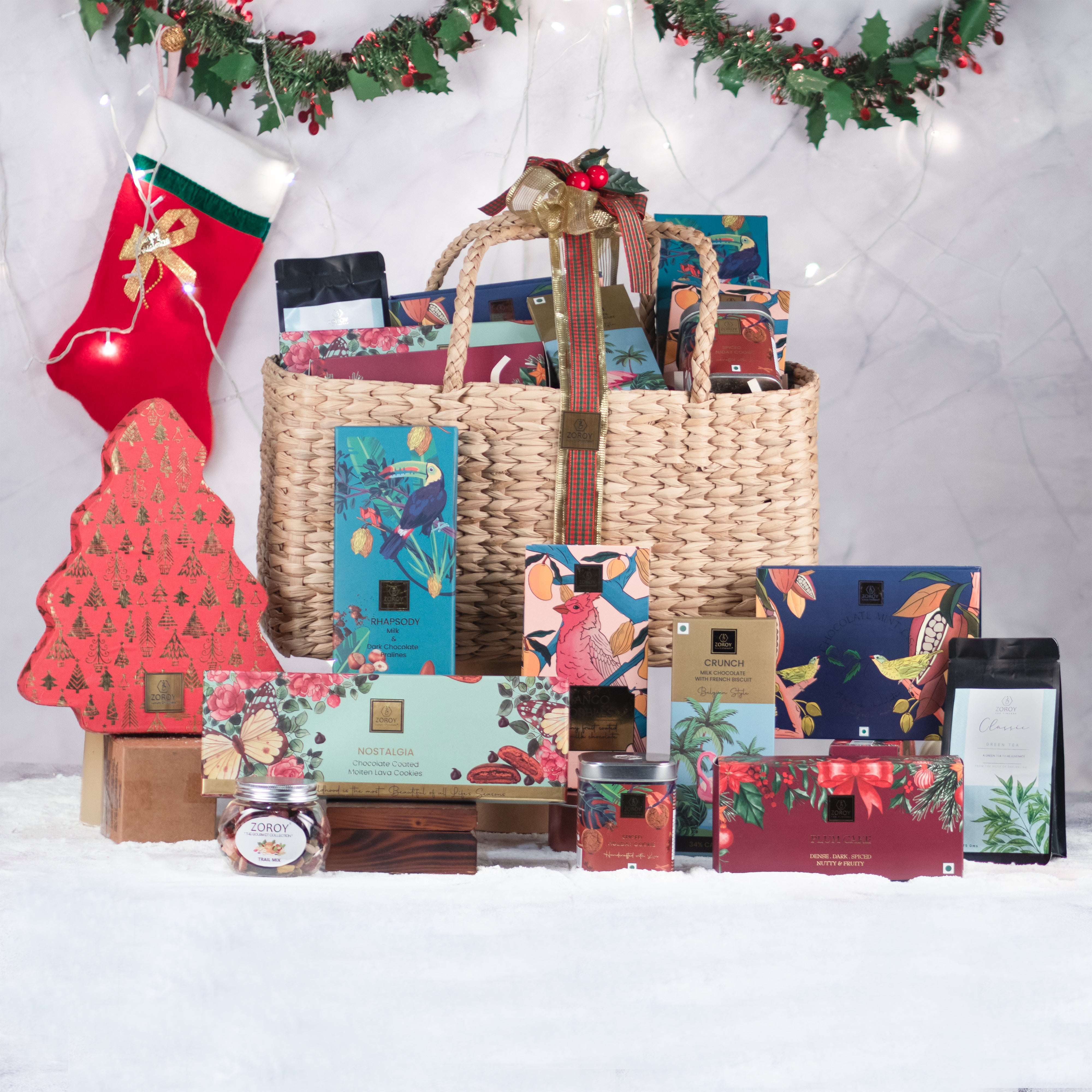 ZOROY Luxury Chocolate Christmas Large Seagrass Seasonal Boat Basket With Eggless Plum Cake Dry Fruits and Other Goodies For Corporate Family Kids New Year Xmas Gift Combo Hamper