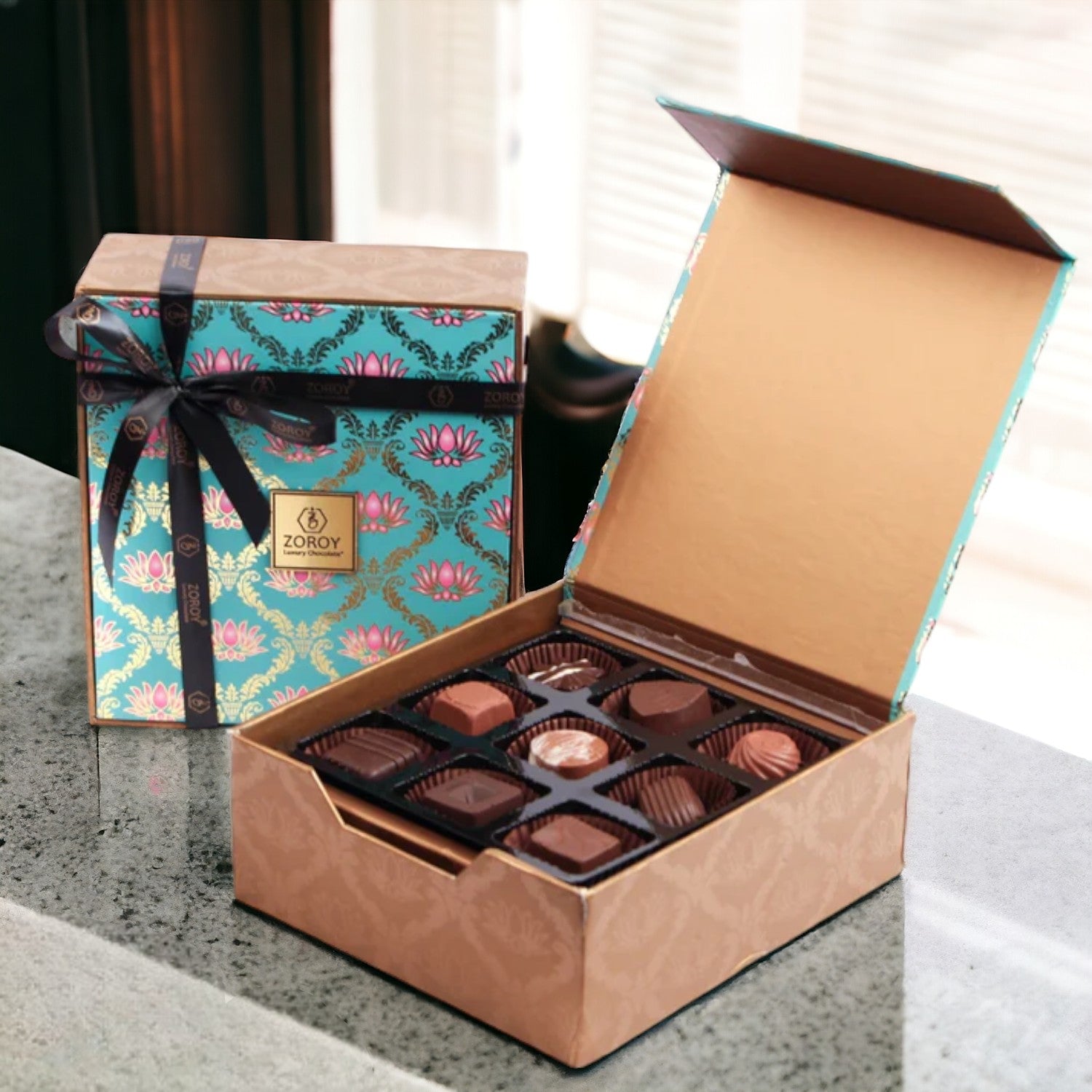 ZOROY Lotus Themed Celebration Box with 9 Assorted Delite chocolates Gift Pack ( 99 Gms) - ZOROY