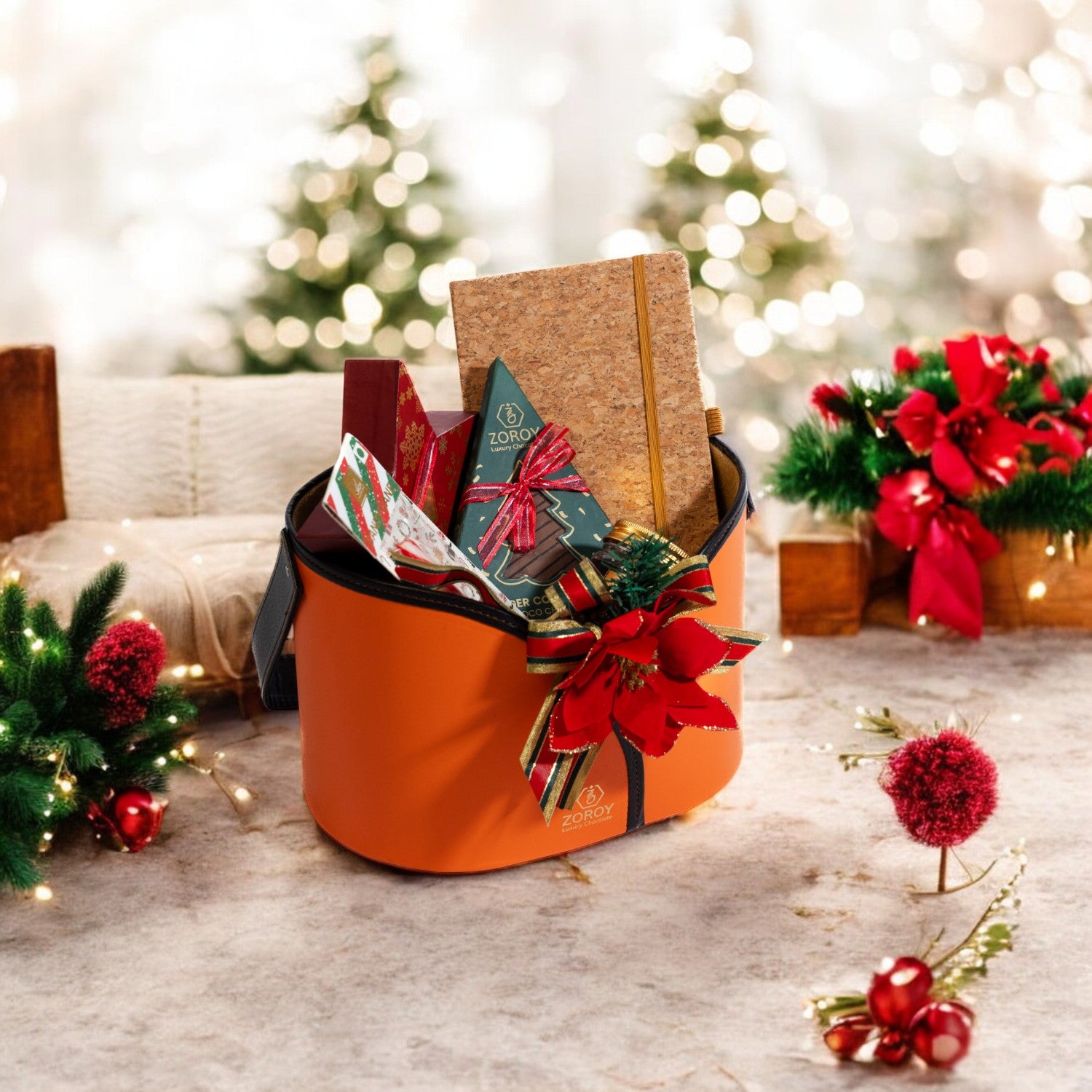 ZOROY Luxe Winter Charm Christmas Gift Hamper | Reusable Faux Leather Basket with Chocolates, Candy Cane, Soy Candle, eco friendly gift & Festive Treats | Corporate & Secret Santa Gifting