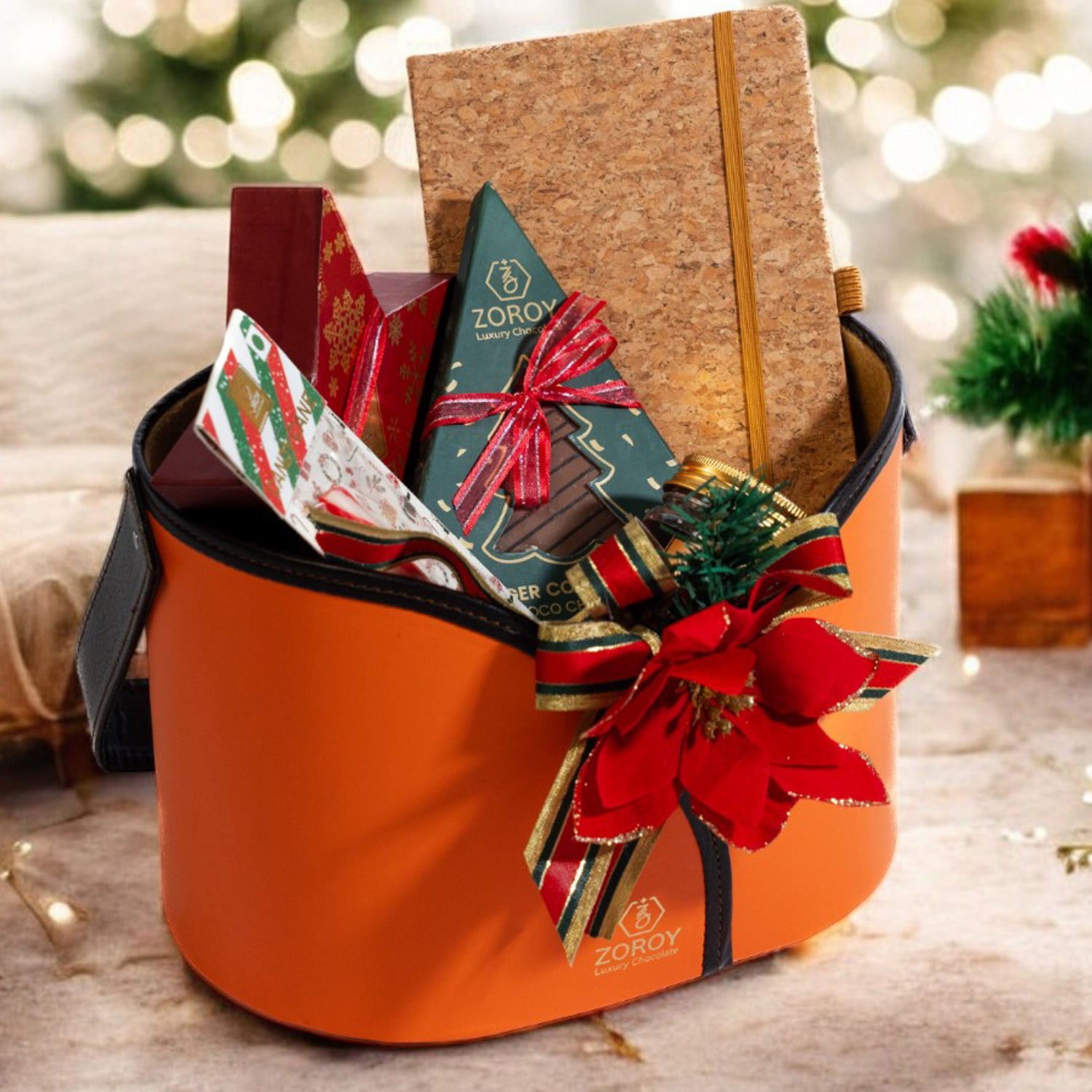 ZOROY Luxe Winter Charm Christmas Gift Hamper | Reusable Faux Leather Basket with Chocolates, Candy Cane, Soy Candle, eco friendly gift & Festive Treats | Corporate & Secret Santa Gifting