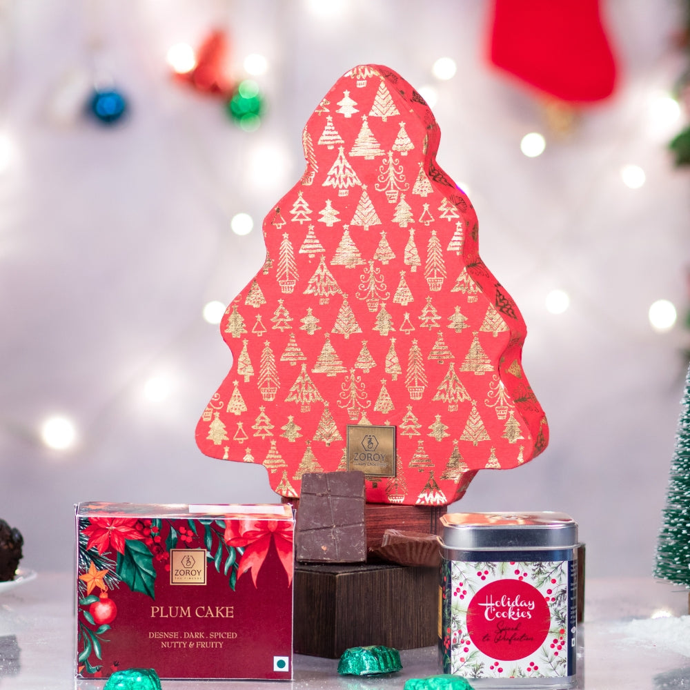ZOROY Luxury Chocolate Carnival Combo Hamper | Christmas & New Year Combo | Christmas tree chocolate box | Gourmet cookies | Plum cake