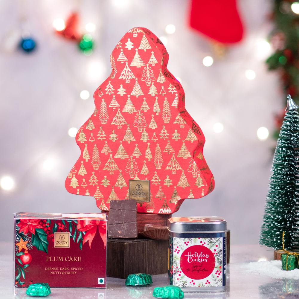 ZOROY Luxury Chocolate Carnival Combo Hamper | Christmas & New Year Combo | Christmas tree chocolate box | Gourmet cookies | Plum cake