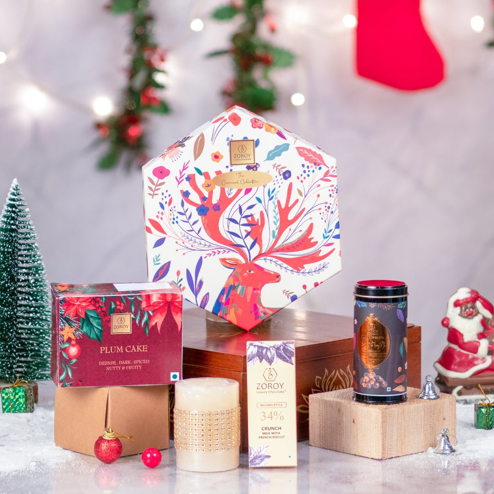 ZOROY Luxury Chocolate Carnival Hexagon Gift Hamper For Corporate Celebration Christmas & New Year Wedding | Chocolate Coated Nut | Plum cake | Belgian style bar | Candle Assorted Chocolate Combo