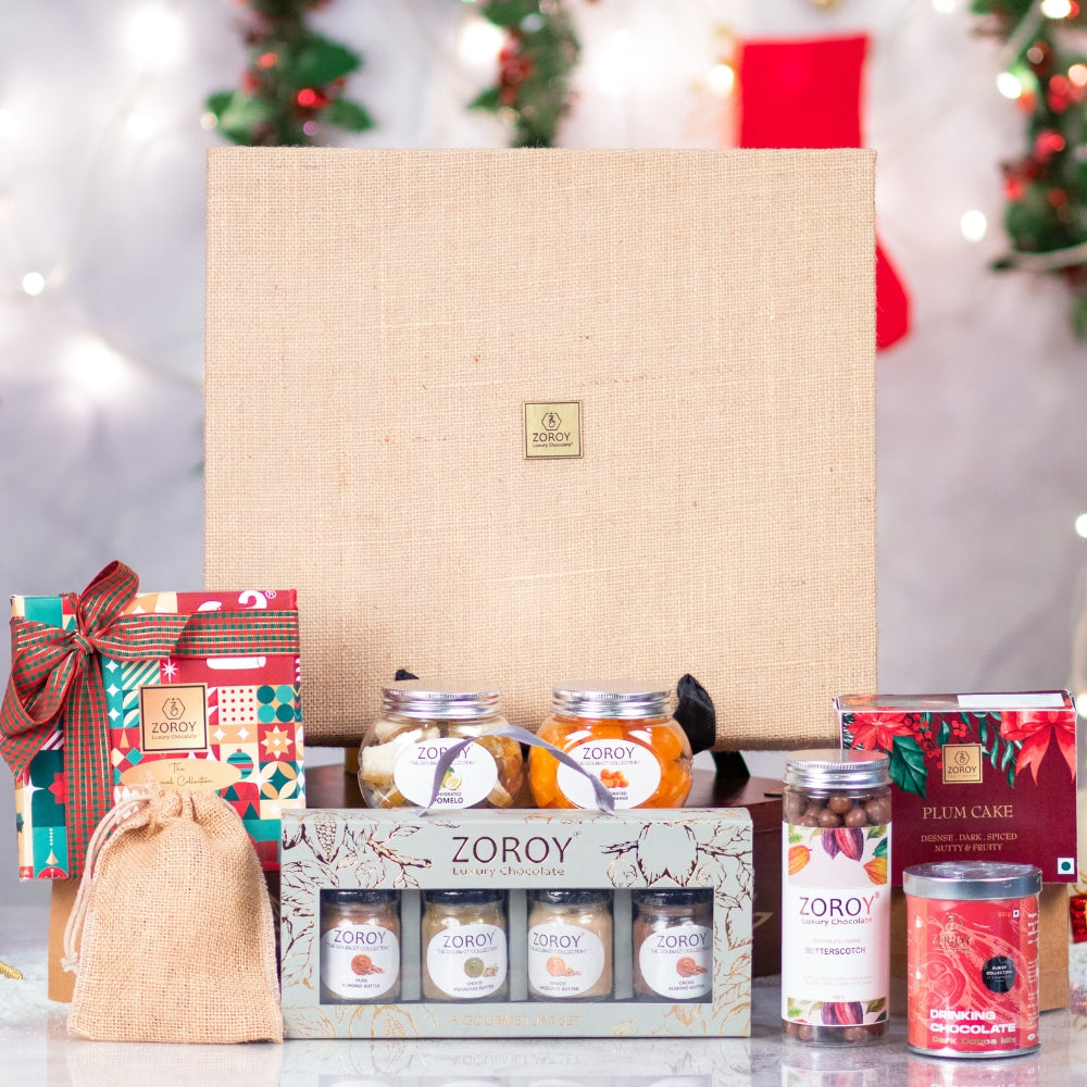 ZOROY Luxury Chocolate Christmas Jute Briefcase Gift Hamper Combo for Corporate Celebration Xmas Family Box Belgian style pure chocolate bars dehydrated fruits plum cake drinking chocolate nut butter