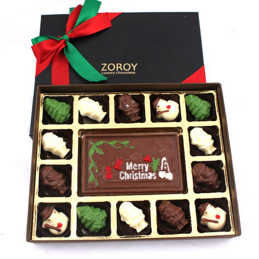 ZOROY Luxury Chocolate Merry Christmas embossed chocolate bar in a smart box along with 14 other assorted chocolates for Corporate Celebration Xmas Family Kids Wedding Online Chocolate Gift Combo