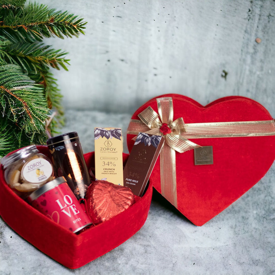 ZOROY Luxury Chocolate My Heart For You Valentines Hamper | Velvet Heart Box | Assorted chocolate | Chocolate coated Nuts 100G | Dehydrated fruits 100G | Belgian bars 2 Nos | 100% Veg