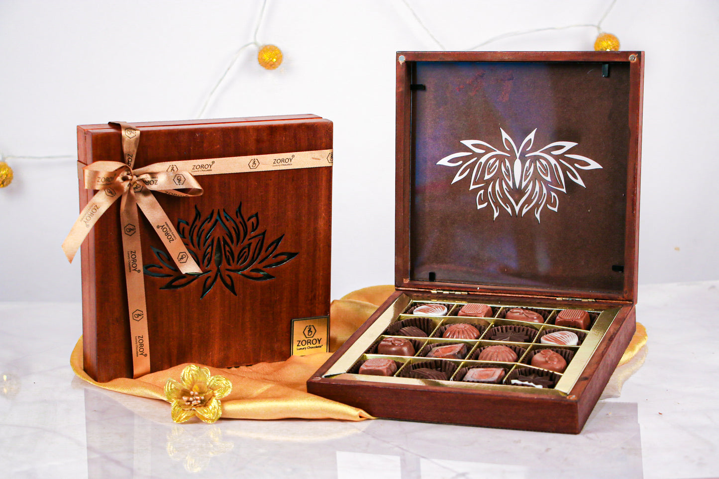 ZOROY Pure Wood Box with Classy Laser Cut Finish with16 Belgian chocolates