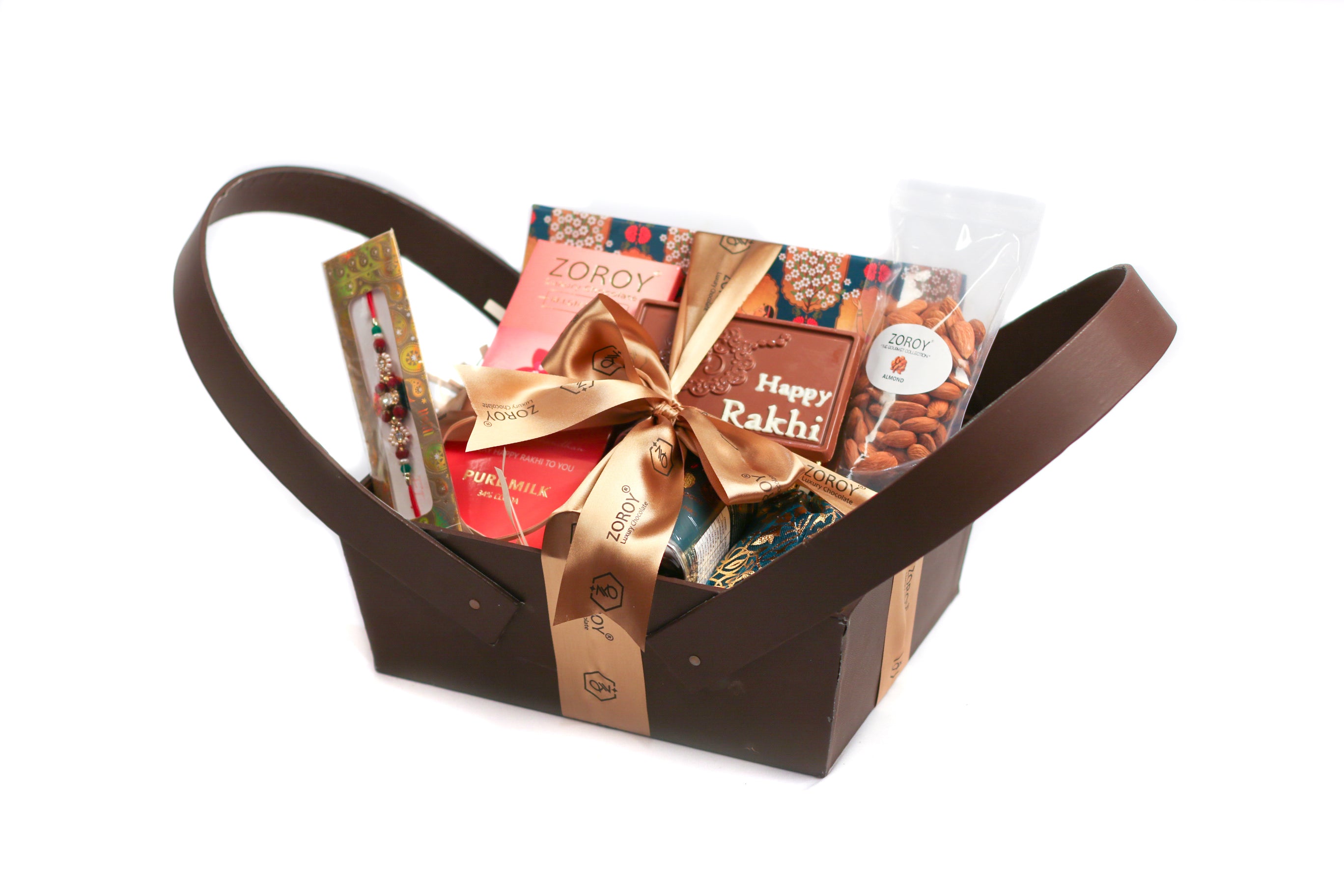 ZOROY Luxury Chocolate Rakhi Hamper for Brother Sister | Rakhi leather handle basket with chocolates | Rakhi chocolate | Rakhi set for Bhaiya Bhabhi | Rakhi gift combo | Rakshabandhan gift for sister