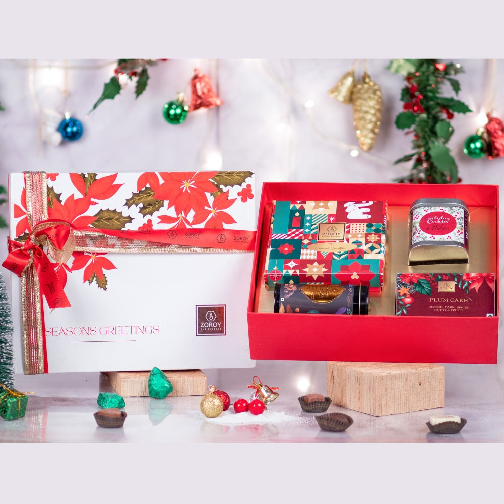 ZOROY Luxury Chocolate Seasons greeting Hamper | Christmas special box of 9 chocolates | Belgian style chocolate coated nuts 100G | handmade gourmet cookies 100G | 75G rich eggless dense plum cake