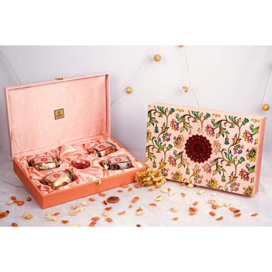 ZOROY Wooden floral box of dry fruits and chocolates - 425 gms