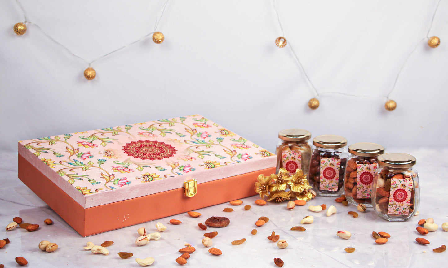 ZOROY Wooden floral box of dry fruits and chocolates - 425 gms