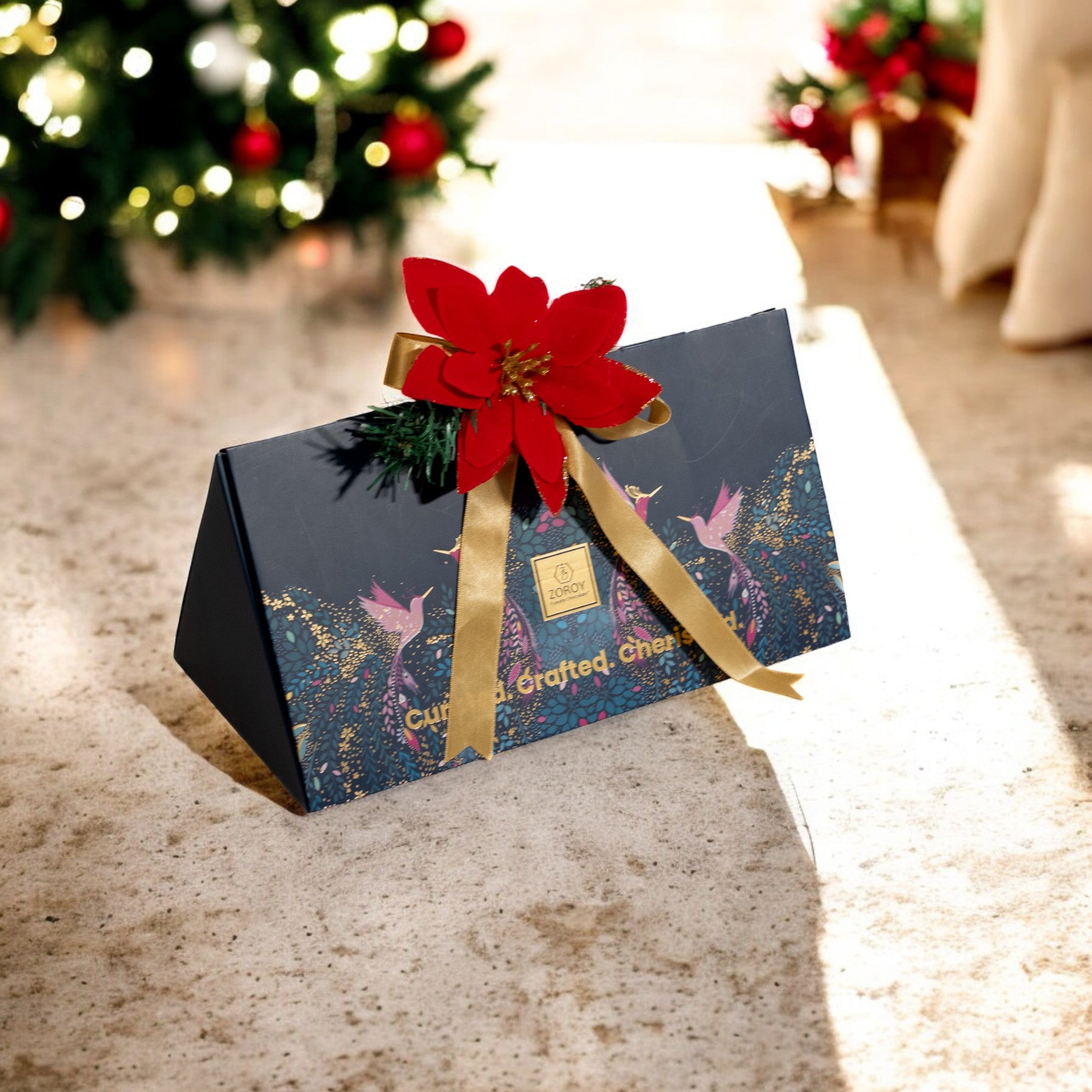 ZOROY Luxury Christmas Gift Hamper | Birds of Paradise Festive Box with Plum Cake 90g, Gingerbread Cookies, Choco Biscuit & Wooden Coasters | Secret Santa, Corporate & Holiday Gifting