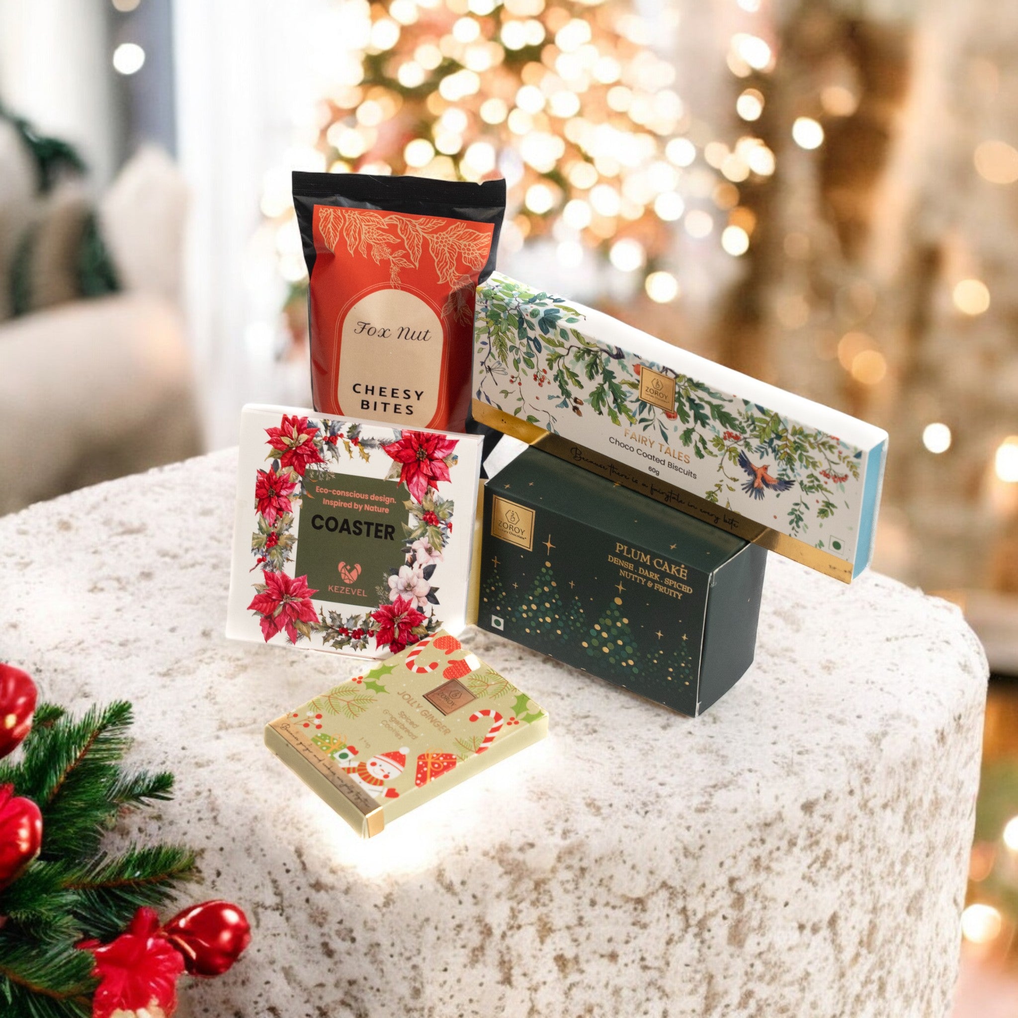 ZOROY Luxury Christmas Gift Hamper | Birds of Paradise Festive Box with Plum Cake 90g, Gingerbread Cookies, Choco Biscuit & Wooden Coasters | Secret Santa, Corporate & Holiday Gifting