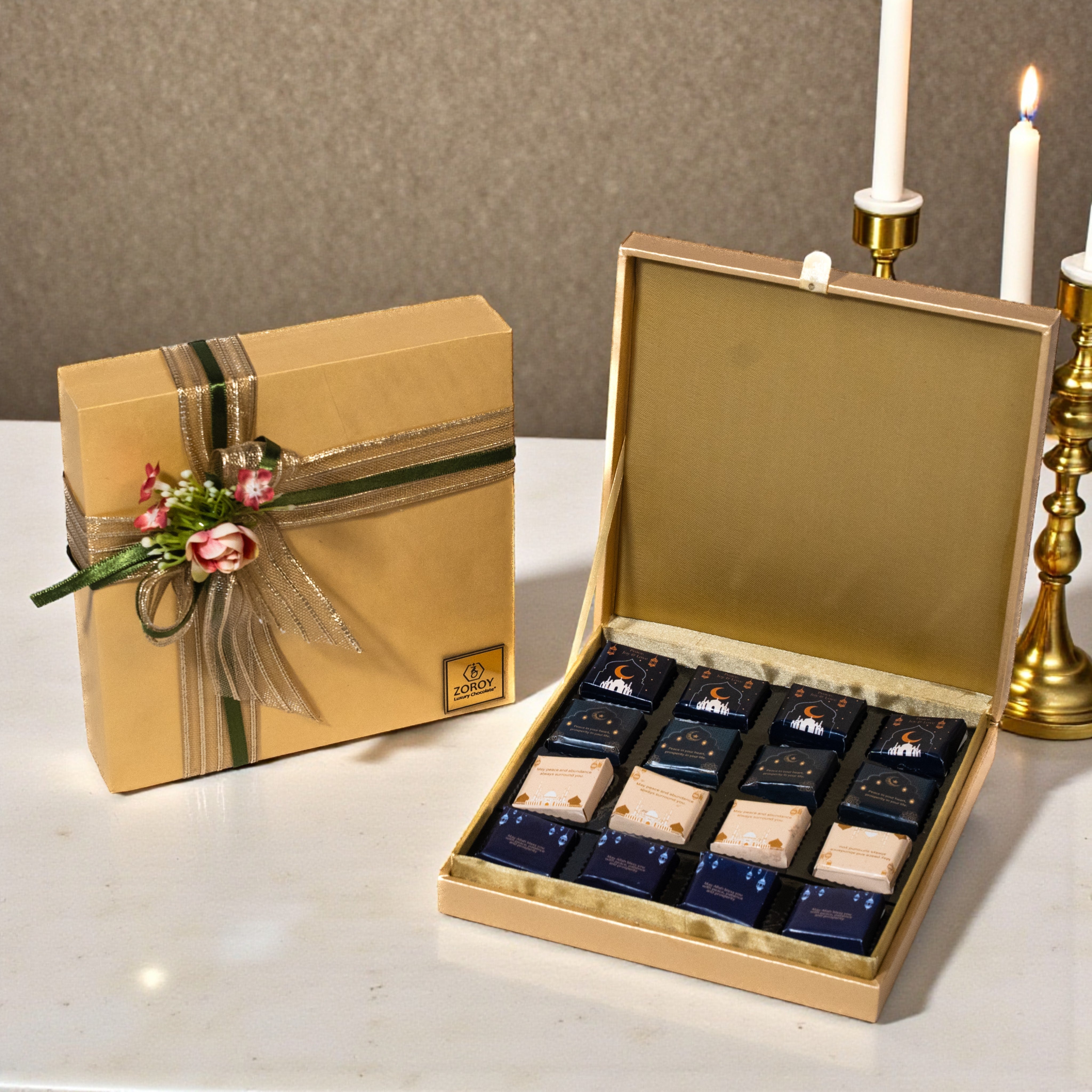 ZOROY Eid & Ramadan Faux Letaher Chocolate Box – Pistachio, Saffron, Almond & Dark Chocolate