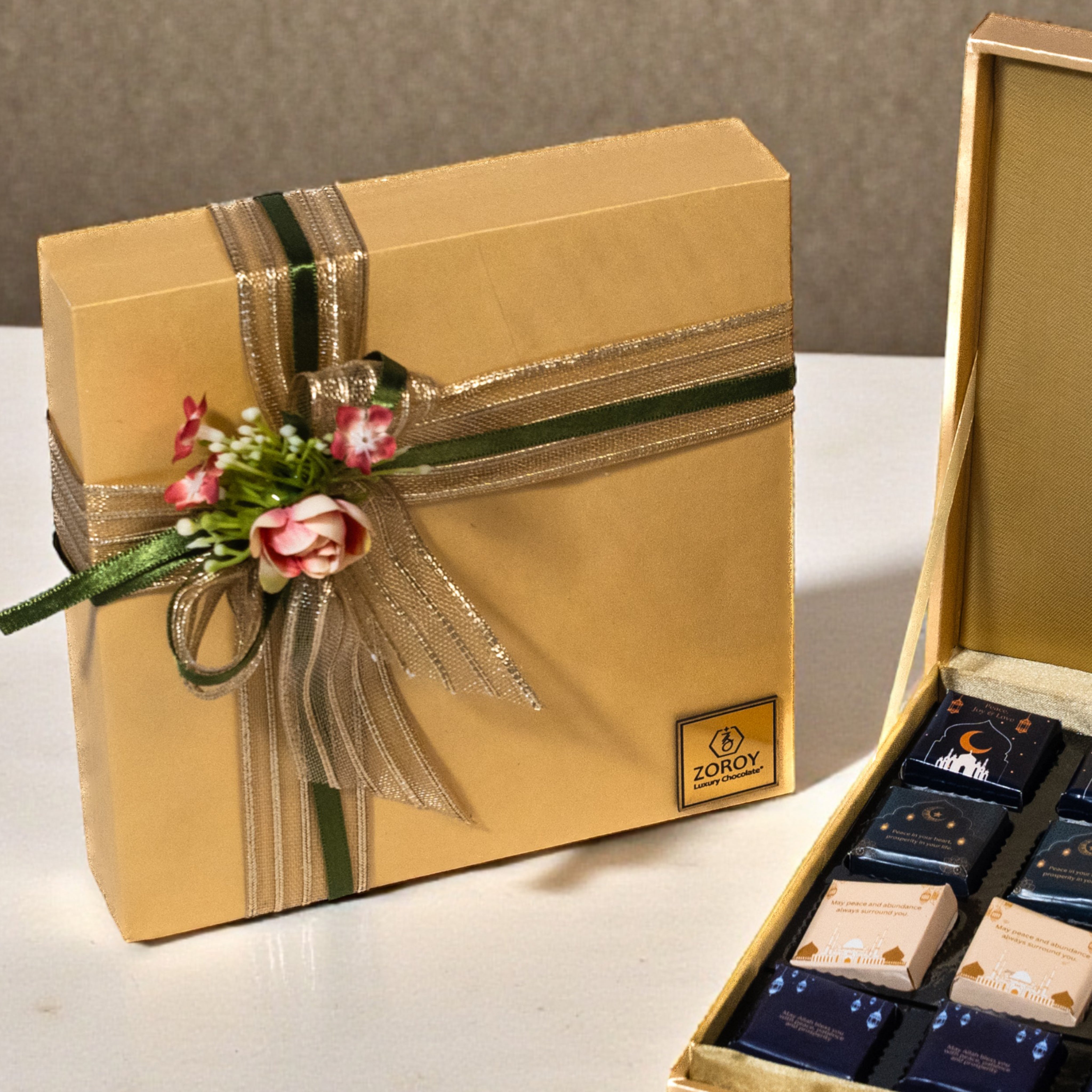 ZOROY Eid & Ramadan Faux Letaher Chocolate Box – Pistachio, Saffron, Almond & Dark Chocolate