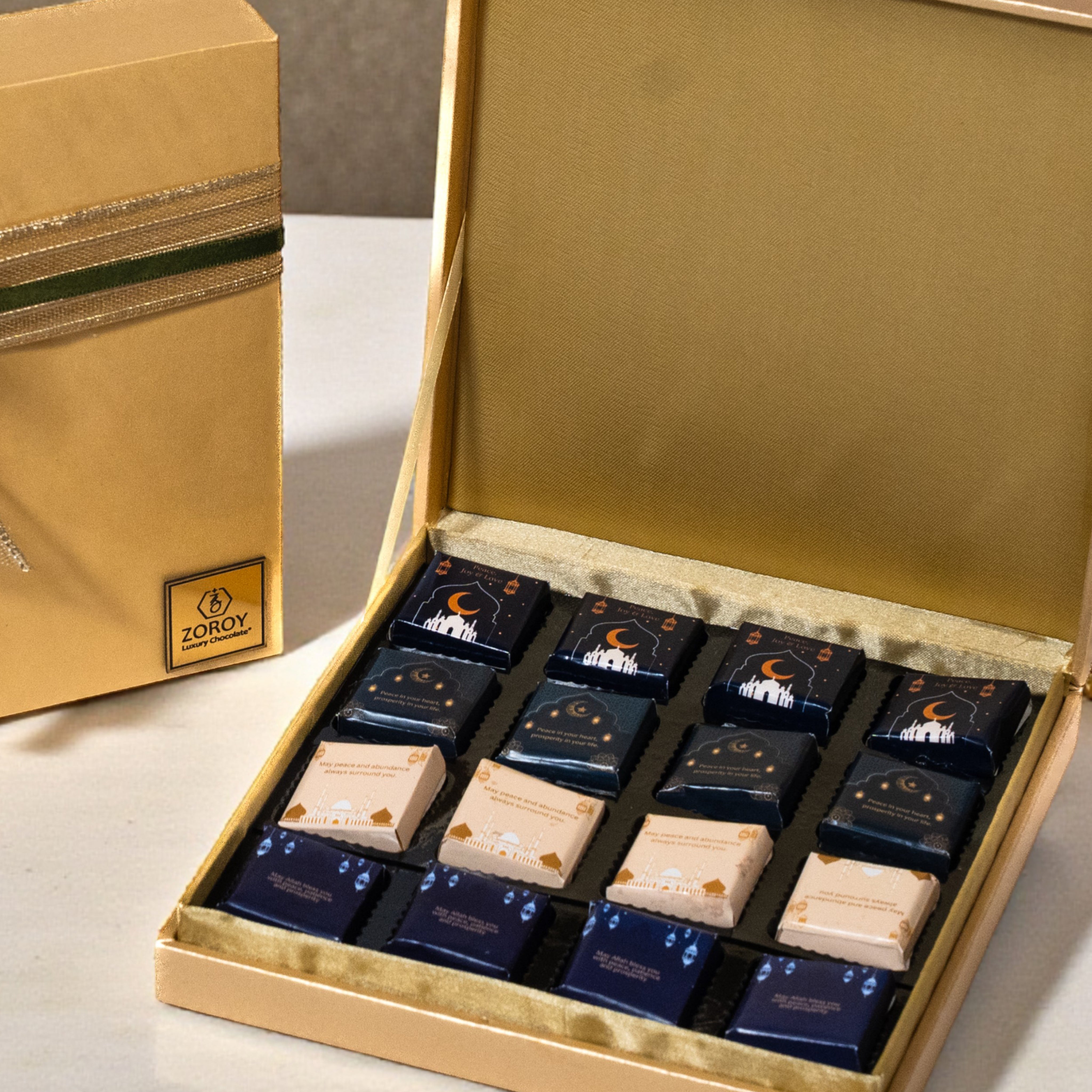 ZOROY Eid & Ramadan Faux Letaher Chocolate Box – Pistachio, Saffron, Almond & Dark Chocolate