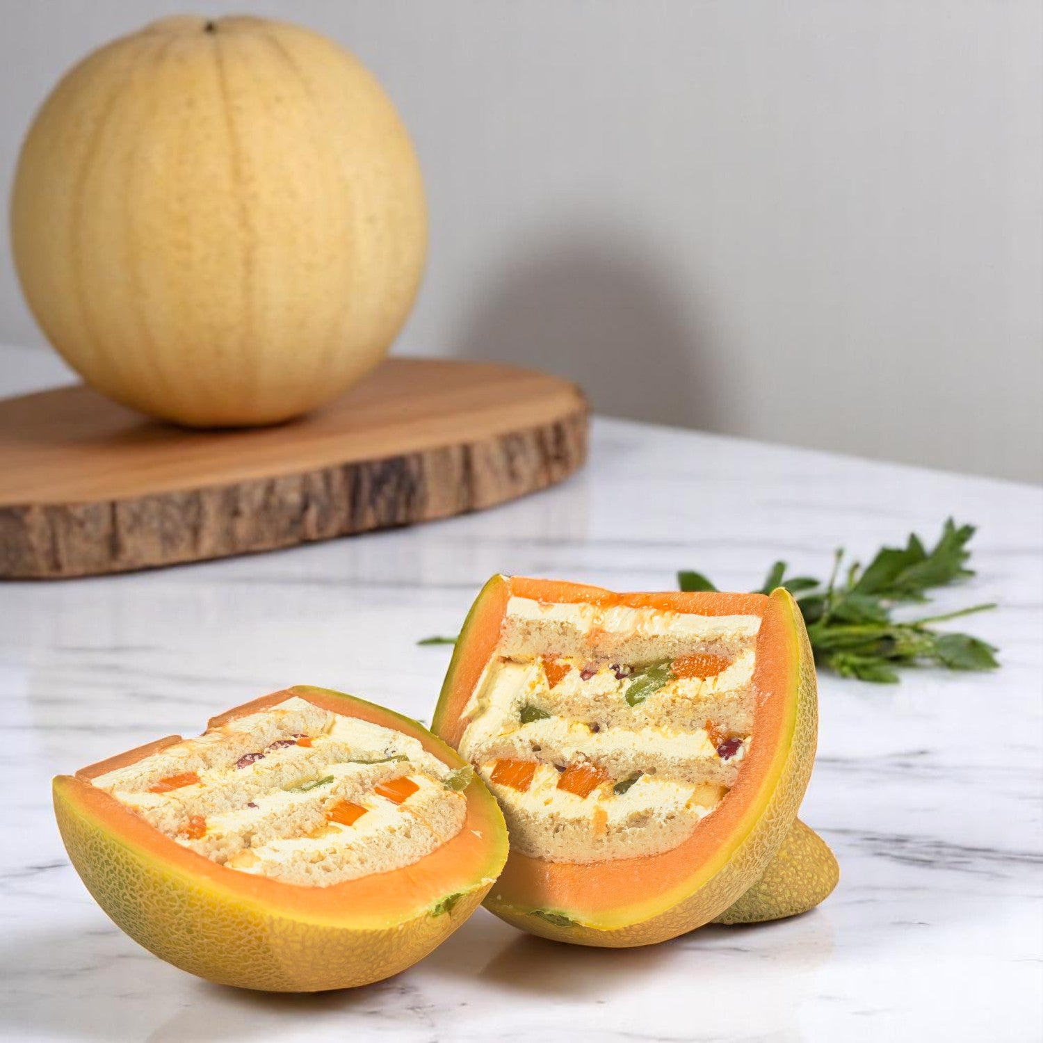 Melon layered with Sugarfree fresh fruit Cake, Eggless