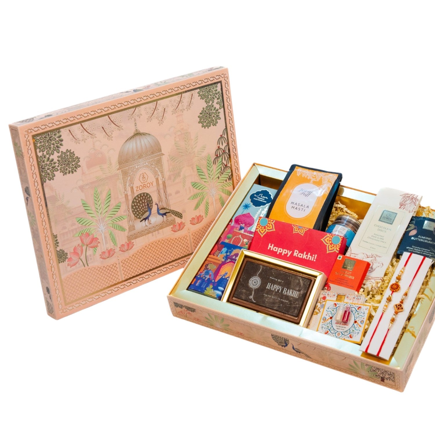 ZOROY Madhubani Rakhi Gift Hamper | Premium Noor Baklawa, Snacks, Almonds, Berries, Chocolates, Buttercrunch, 2 Rakhis, Printed Chocolate Box, Akshat Kumkum & Rakhi Card | Raksha Bandhan Gift