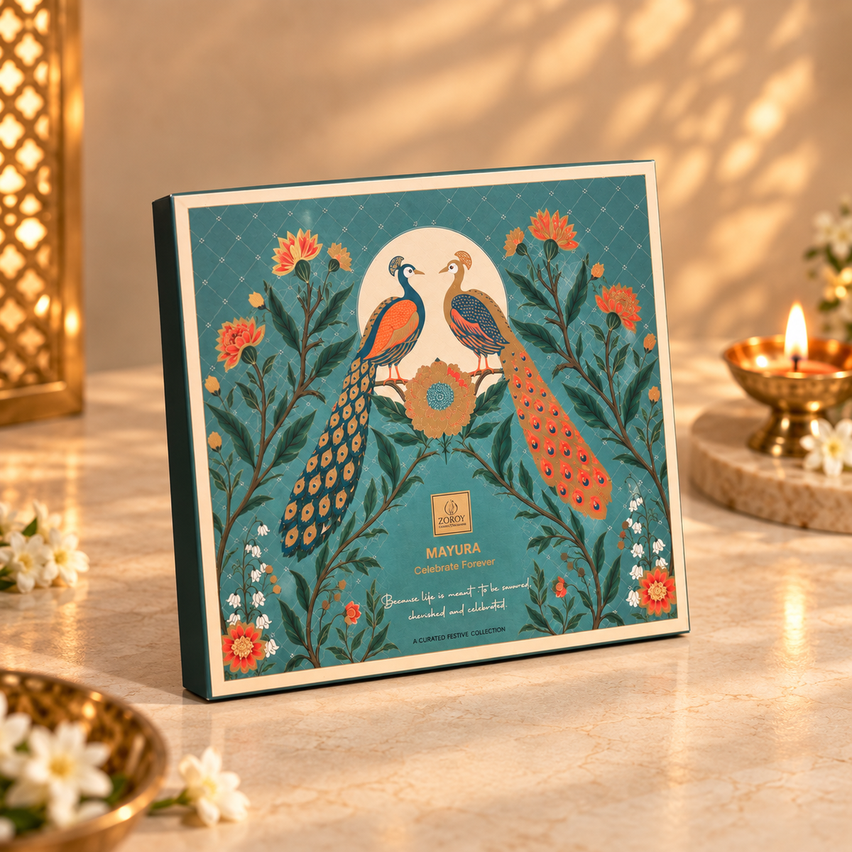 ZOROY Mayura Premium Gift Hamper | Assorted Chocolates, Cookies, Gourmet Nuts & Ceramic Diyas | Festive & Corporate Diwali Bulk Gifting