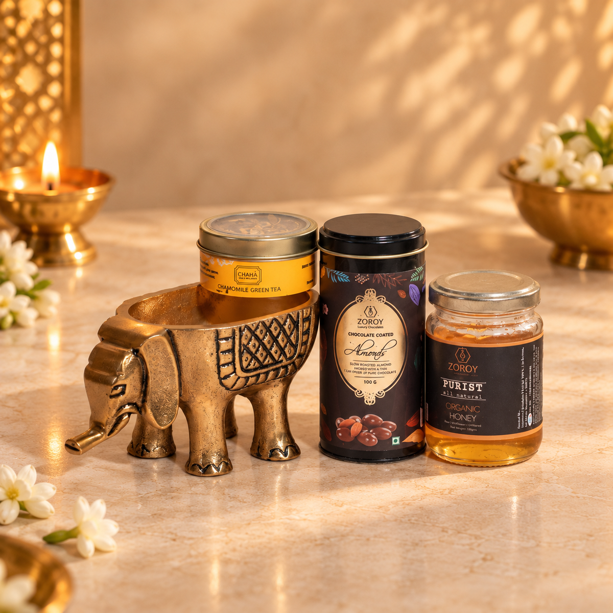 ZOROY Mini Suitcase Premium Gift Hamper | Gourmet Treats, Honey, Floral Tea & Elephant Candle Holder | Corporate & Bulk Gifting**"