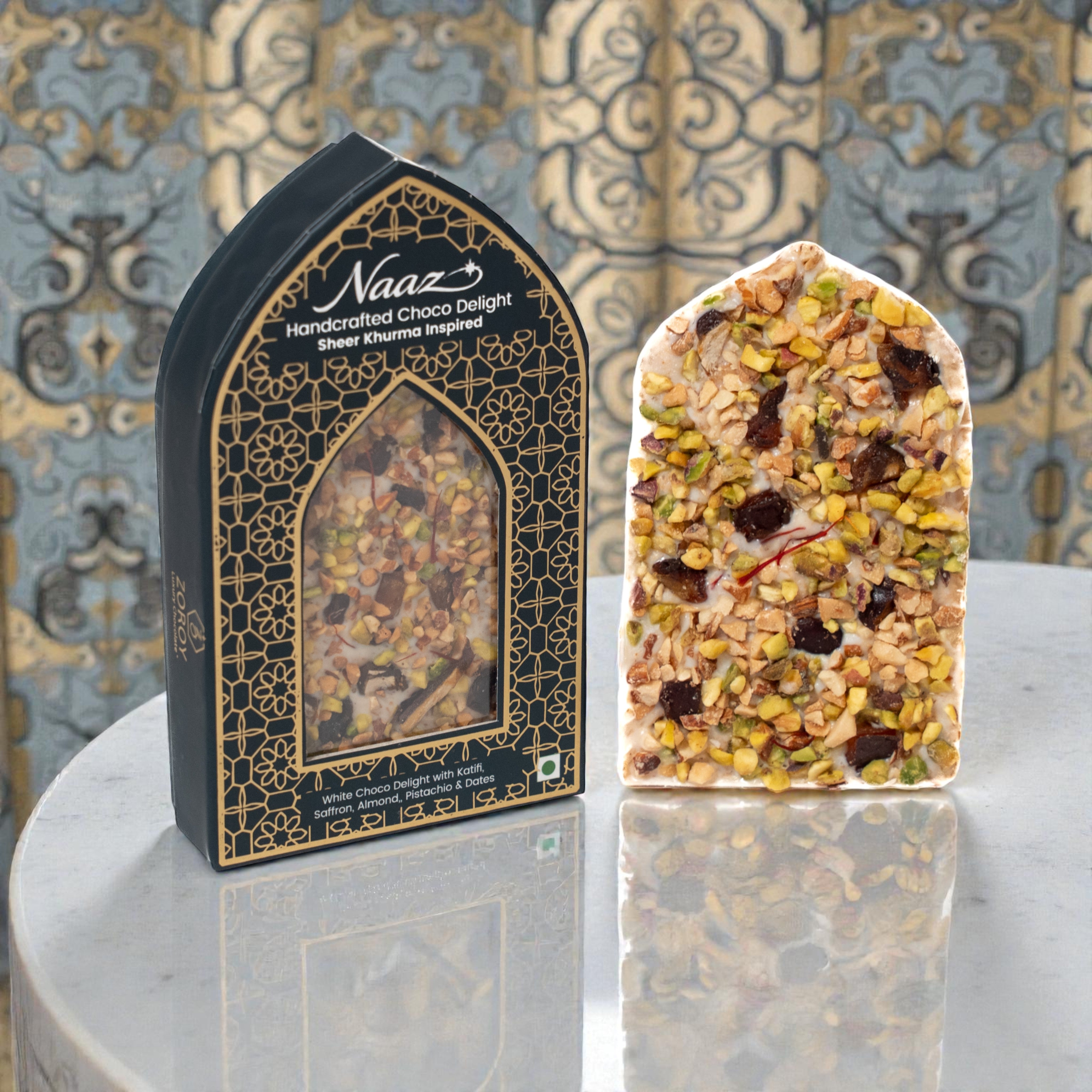 ZOROY Naaz Eid Chocolate Box – White Chocolate Sheer Khurma with Dates, Pista, Almonds & Saffron | 45G