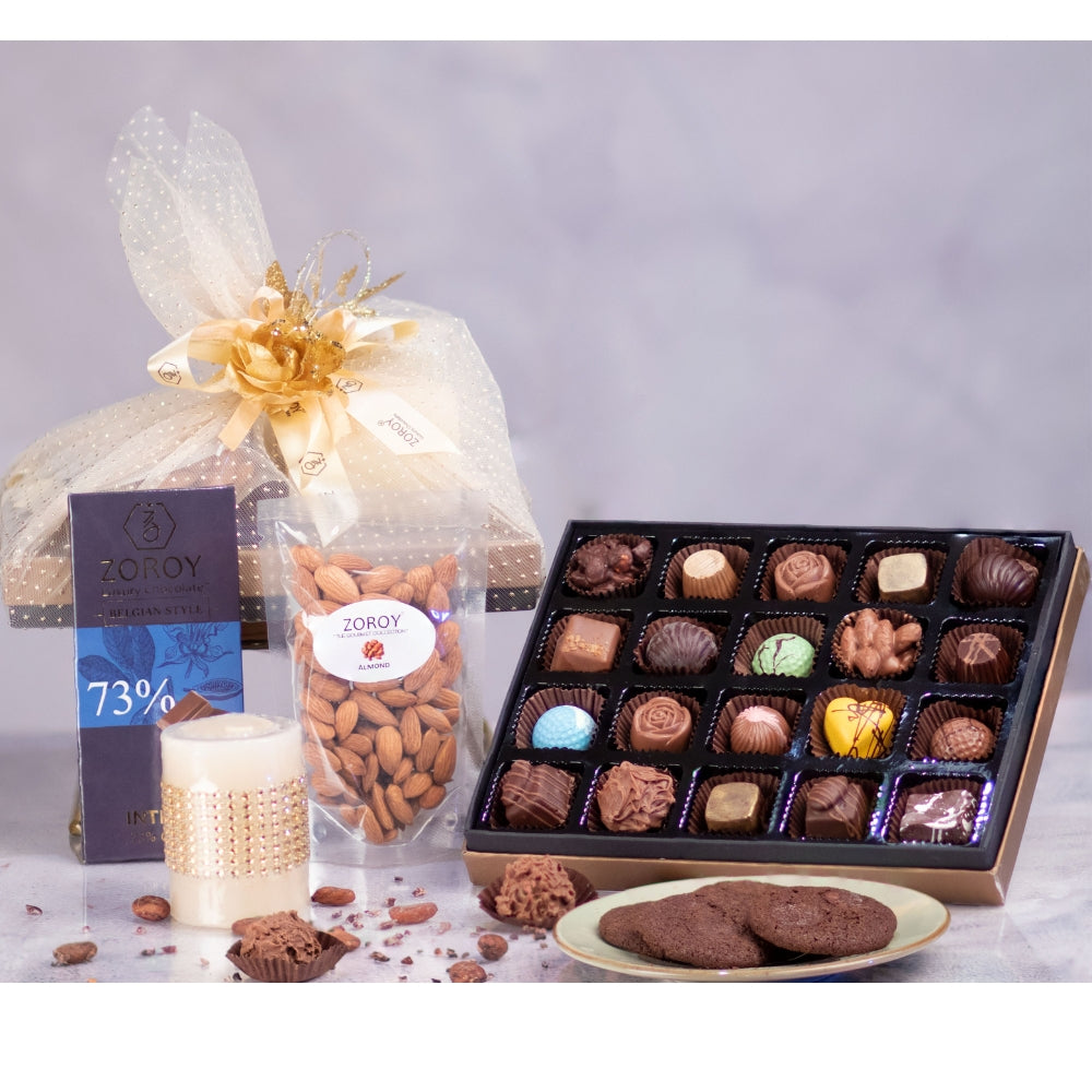 Netted Large Hamper with chocolates, cookies, dry fruits and candle