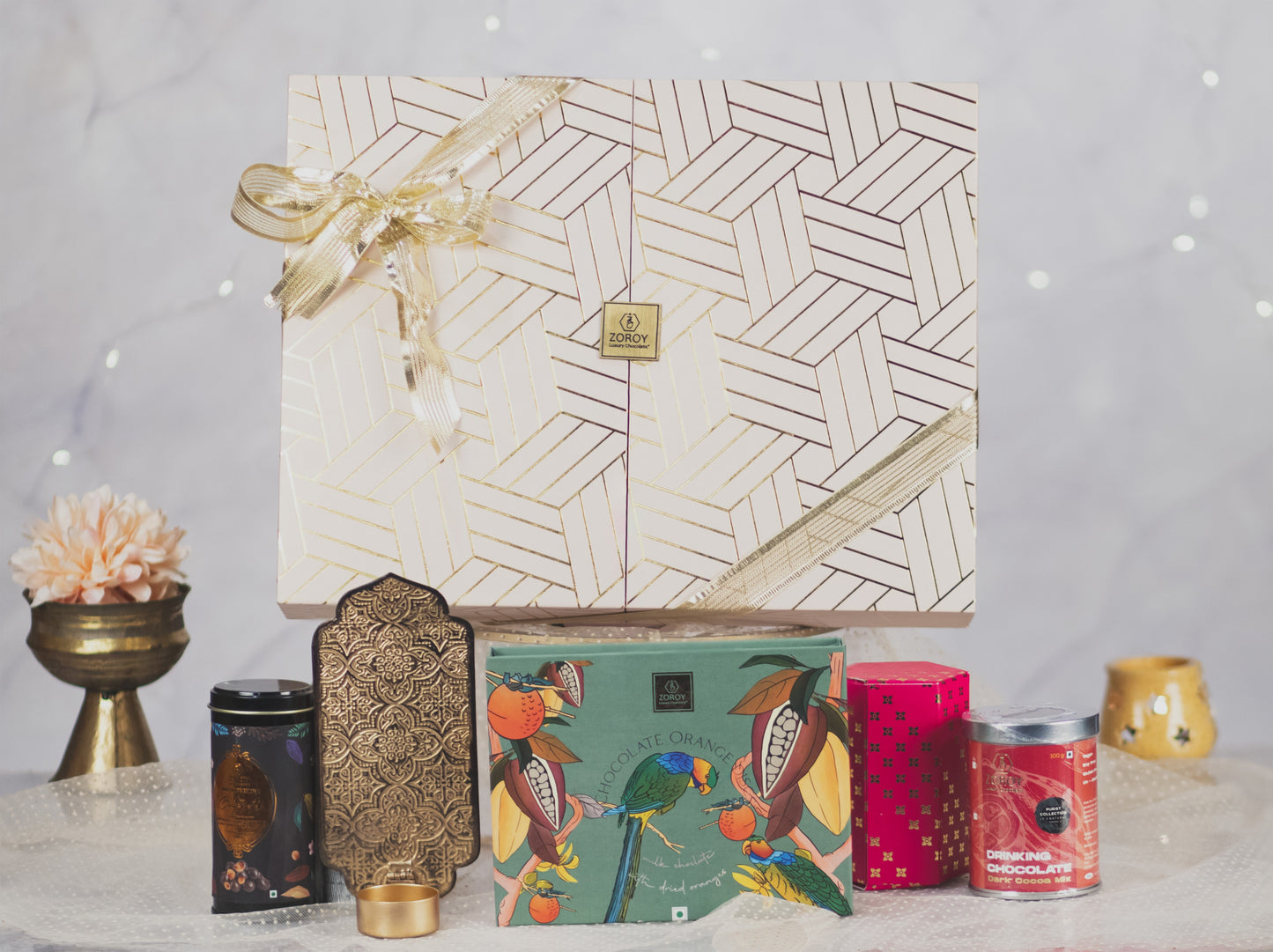 ZOROY Opulence Festive Gift Hamper Of Assorted Chocolates, Almond Dry Fruits And T-lite Candle Holder For Diwali Combo Pack