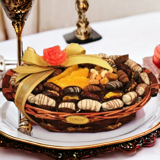 ZOROY Eid Mubarak & Ramzan Oval cane basket with Assorted Chocolate Coated Exotic dates, Dry Fruits Gift Hamper Combo