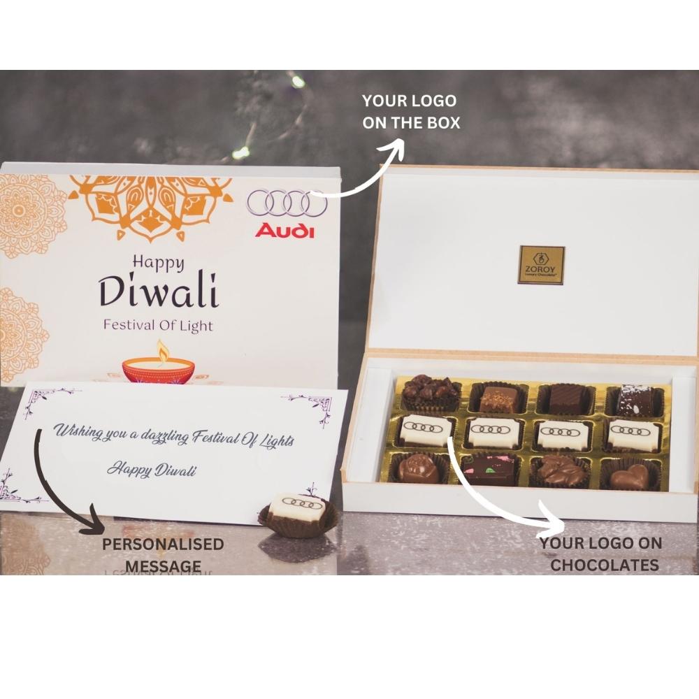 ZOROY Personalised Customised Photo Printed Wooden Chocolate Gift Box of 12 - Corporate Diwali Gifts with Company Name, Brand Logo printed on Chocolates and Personalised Message Card