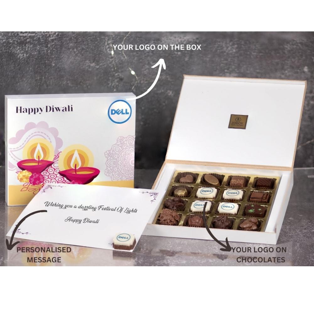 ZOROY Personalised Customised Photo Printed Wooden Chocolate Gift Box of 16 - Corporate Diwali Gifts with Company Name, Brand Logo printed on Chocolates and Personalised Message Card