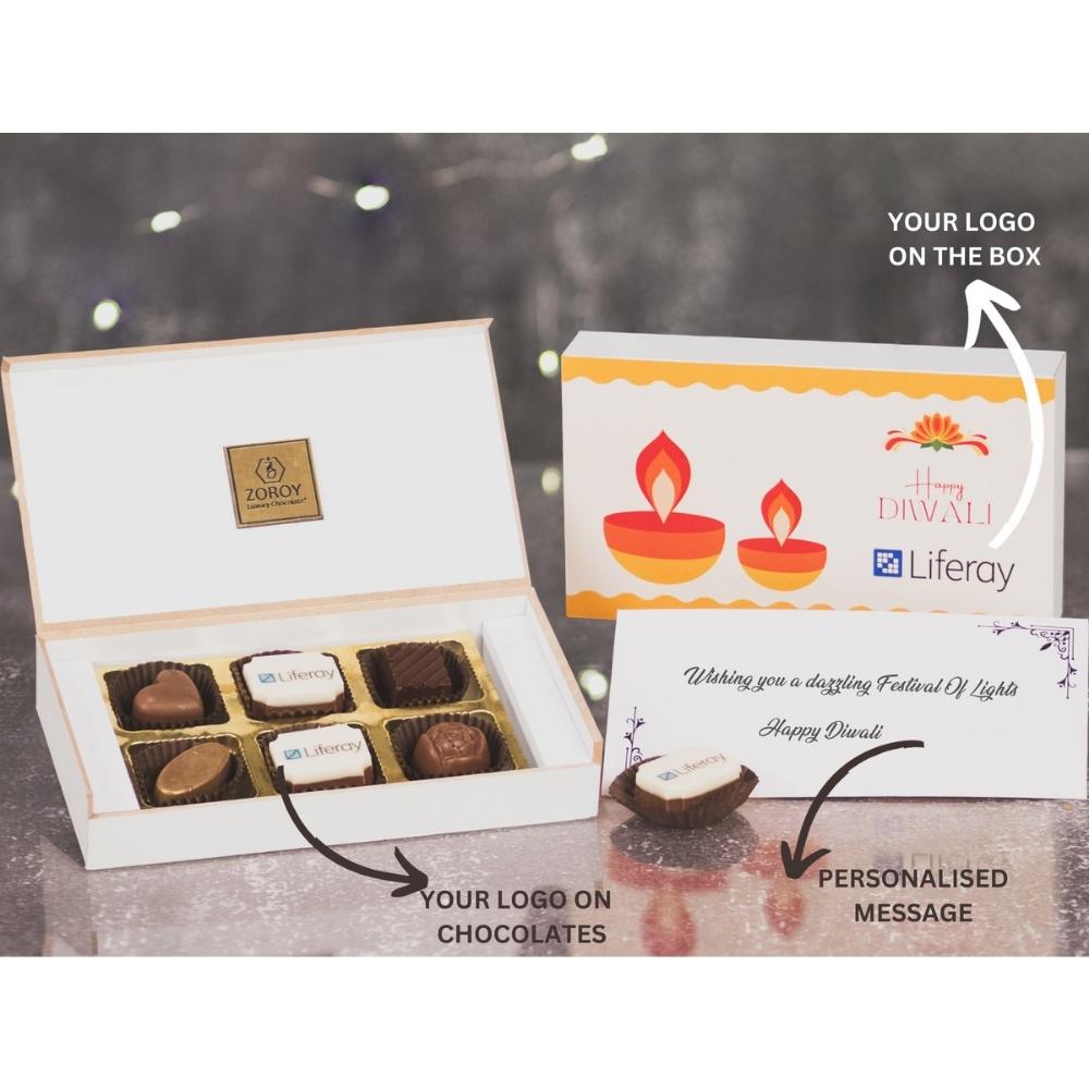 ZOROY Personalised Customised Photo Printed Wooden Chocolate Gift Box of 6 - Corporate Diwali Gifts with Company Name, Brand Logo printed on Chocolates and Personalised Message Card