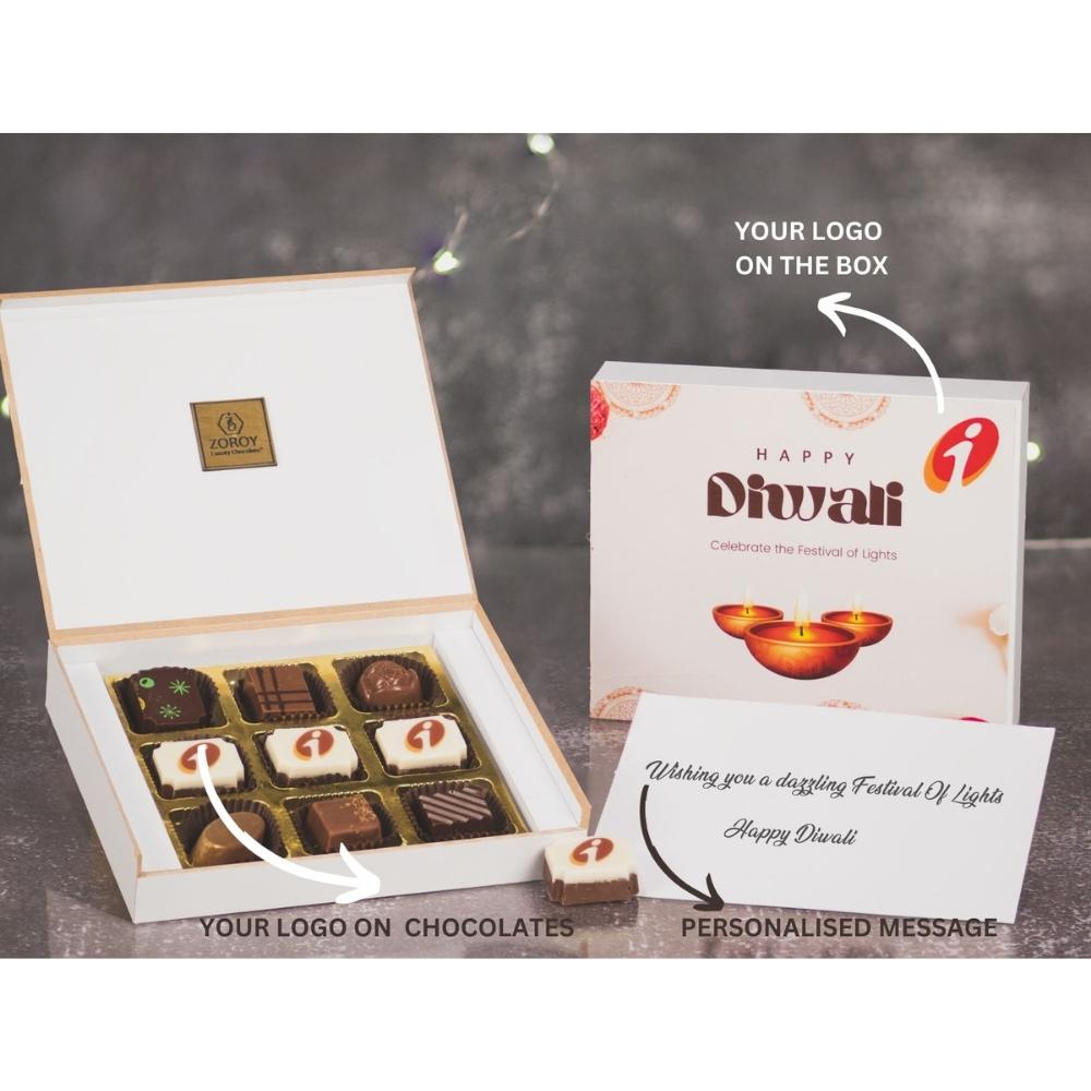 ZOROY Personalised Customised Photo Printed Wooden Chocolate Gift Box of 9 - Corporate Diwali Gifts with Company Name, Brand Logo printed on Chocolates and Personalised Message Card