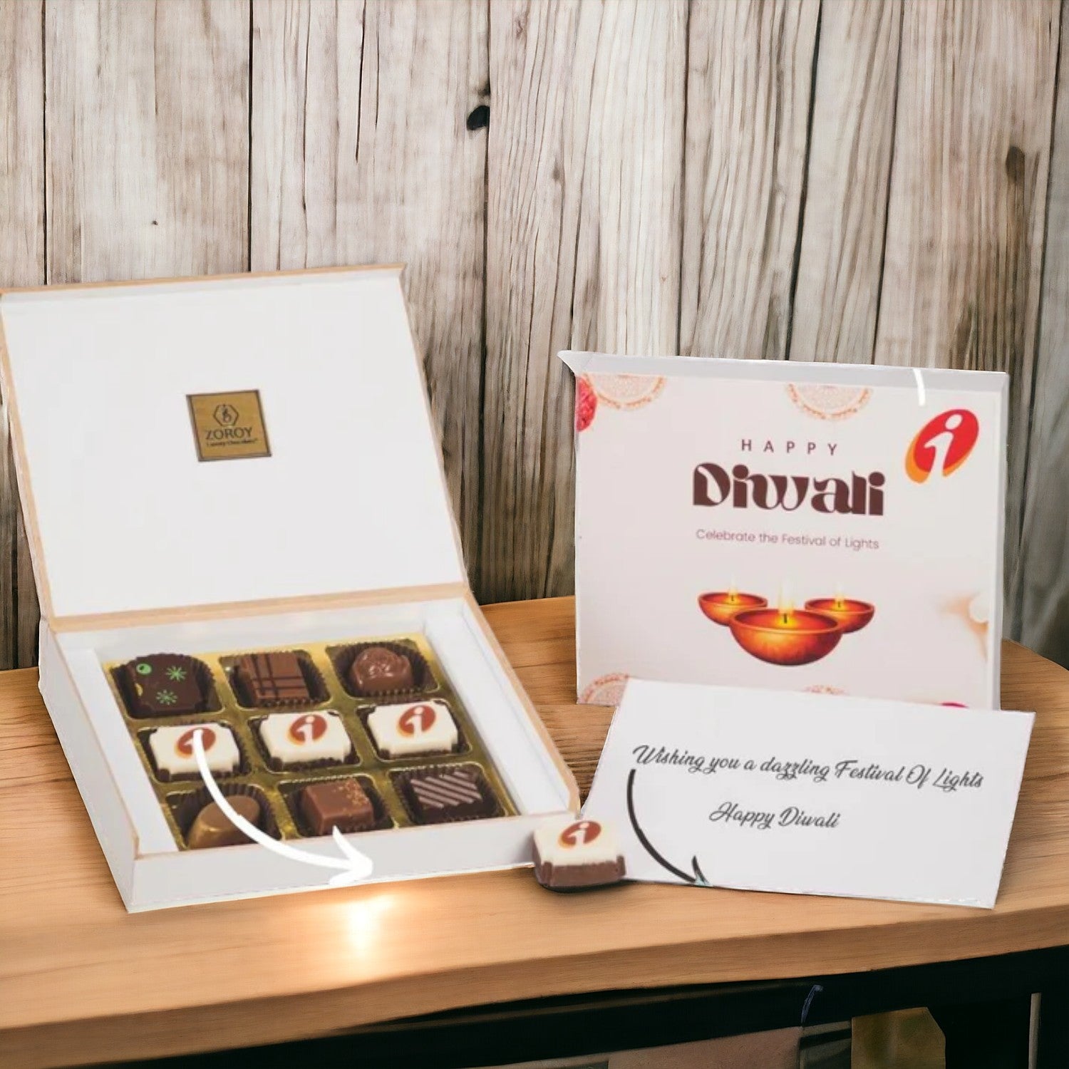 ZOROY Personalised Customised Photo Printed Wooden Chocolate Gift Box of  Corporate Diwali Gifts with Company Name, Brand Logo printed on
