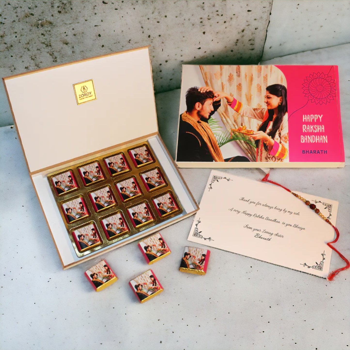 ZOROY - Elegant Rakhi Gift for Brother & Sister - Personalized Gift Box and Wrapped Chocolates - 12 Wrapped Chocolates