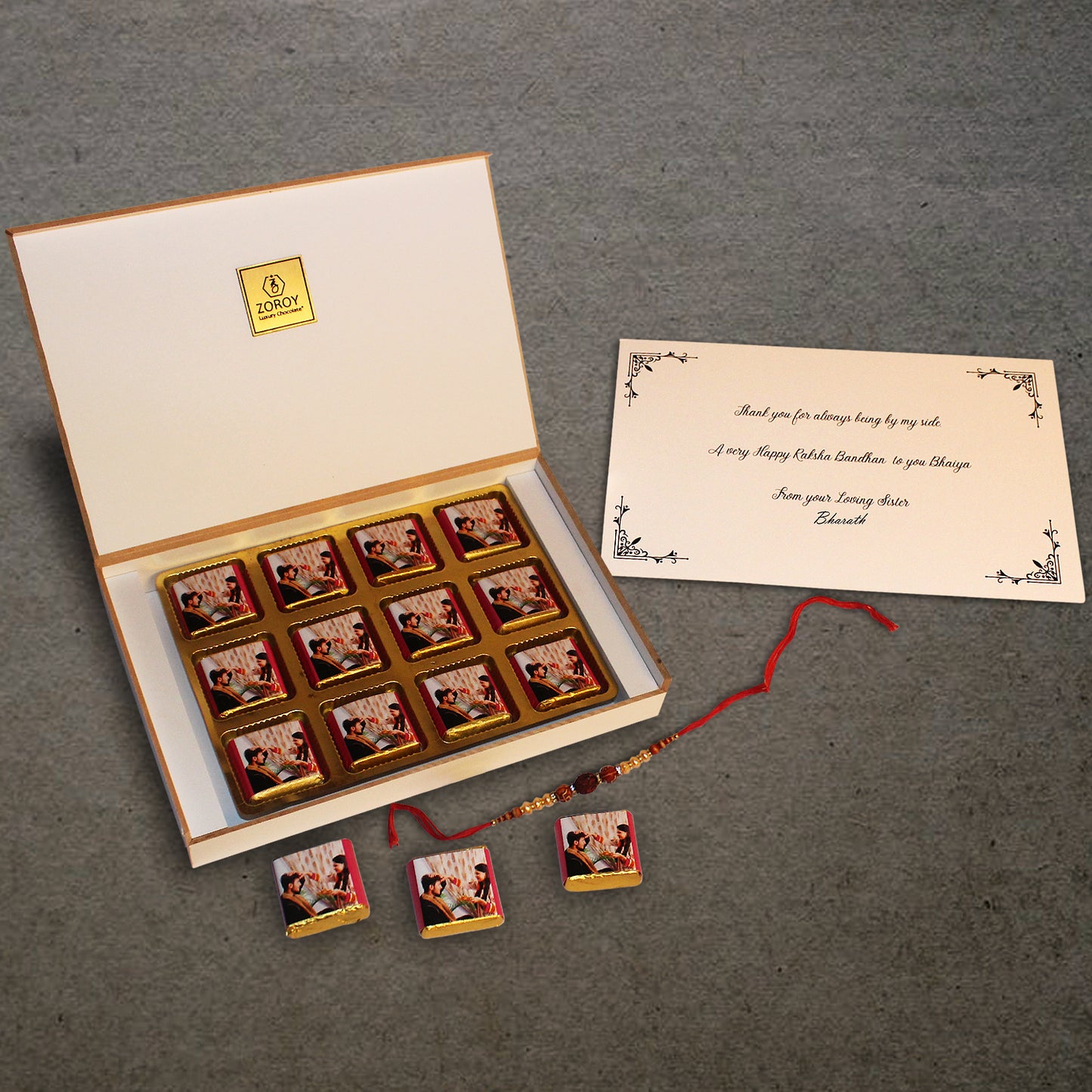 ZOROY - Elegant Rakhi Gift for Brother & Sister - Personalized Gift Box and Wrapped Chocolates - 12 Wrapped Chocolates