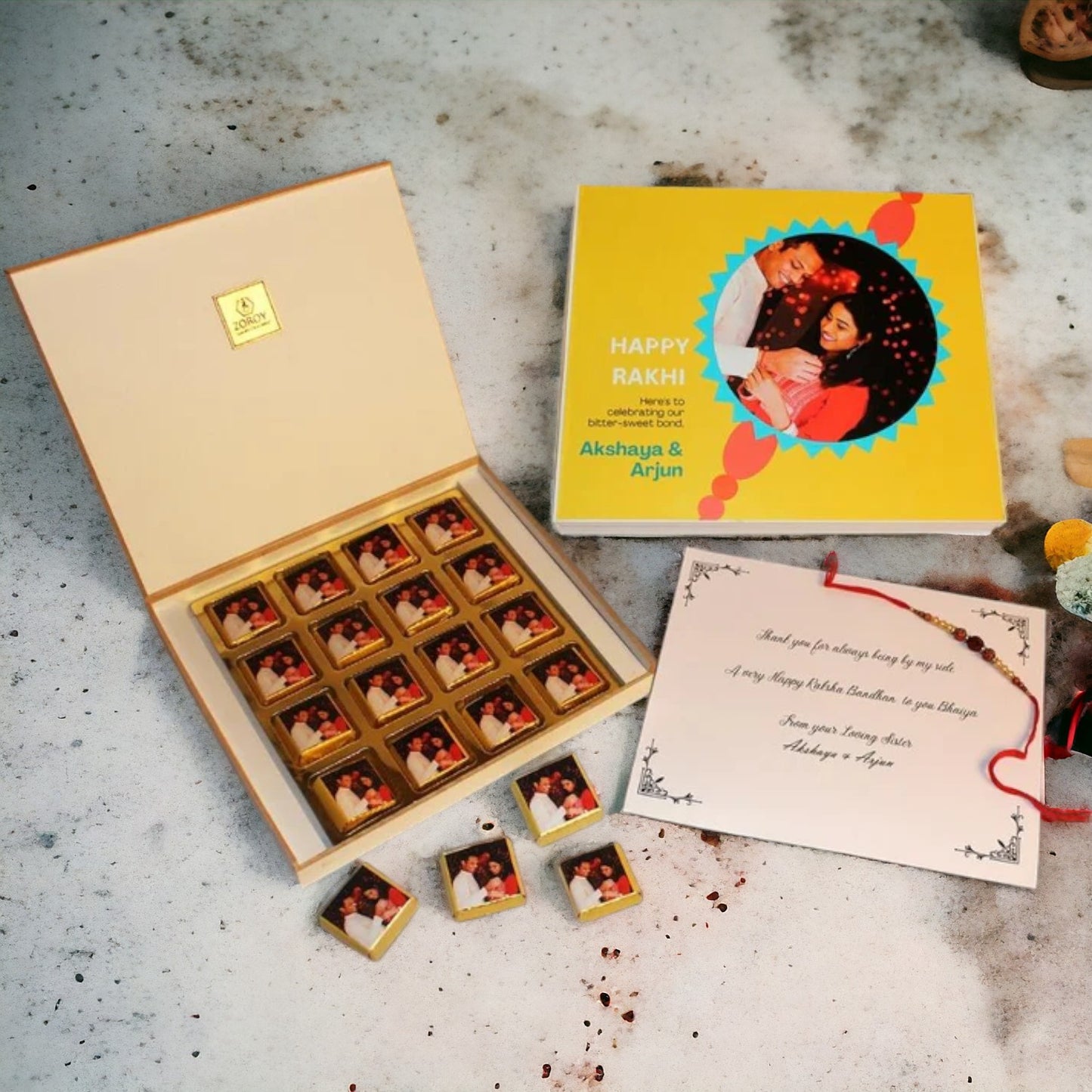 ZOROY - Elegant Rakhi Gift for Brother & Sister - Personalized Gift Box and Wrapped Chocolates - 16 Wrapped Chocolates