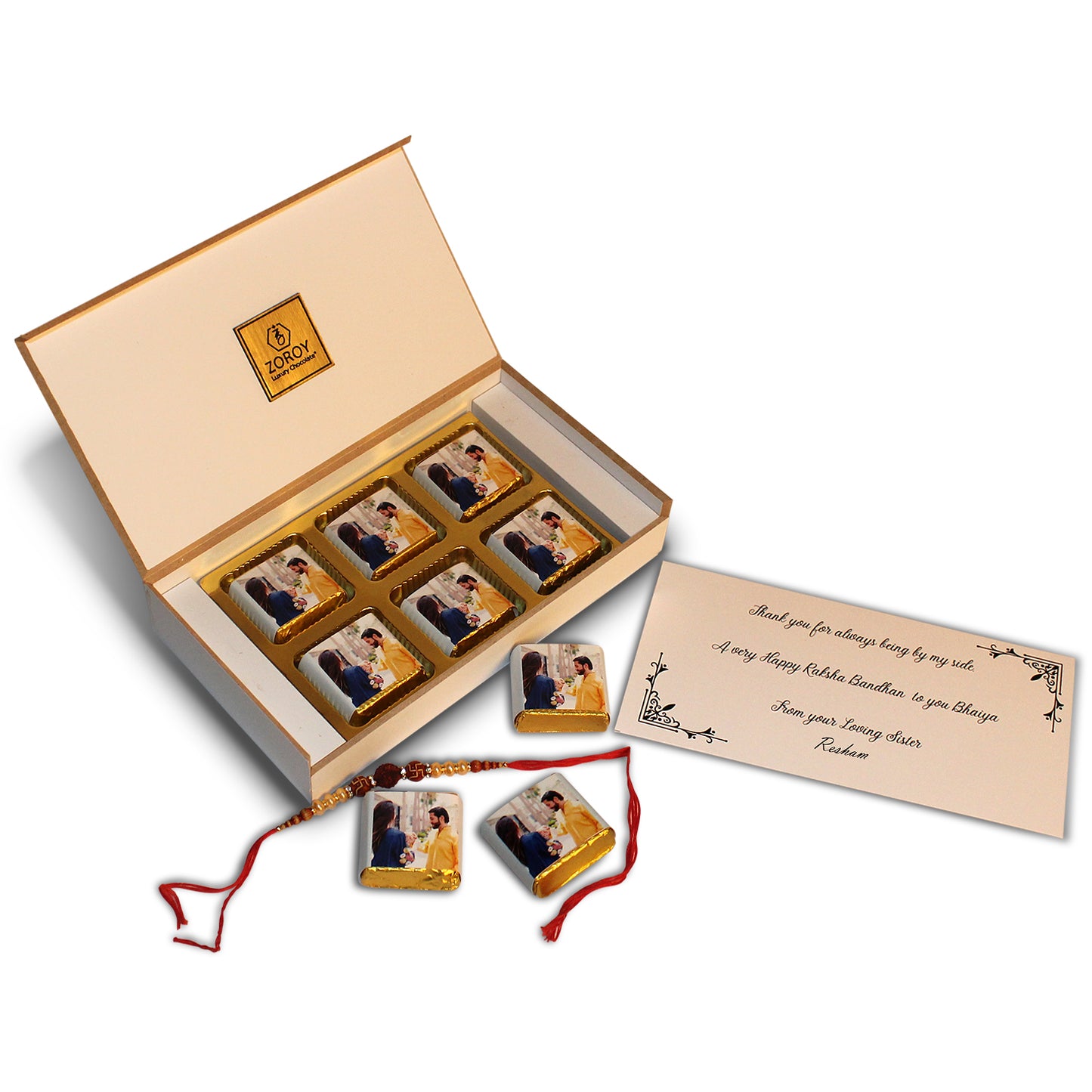 ZOROY Luxury Chocolate - Elegant Rakhi Gift For Brother & Sister - Personalised Gift Box And Wrapped Chocolates - 6 Pcs For Bhaiya Bhabhi Rakshabandhan Gift Combo With Free Rakhi