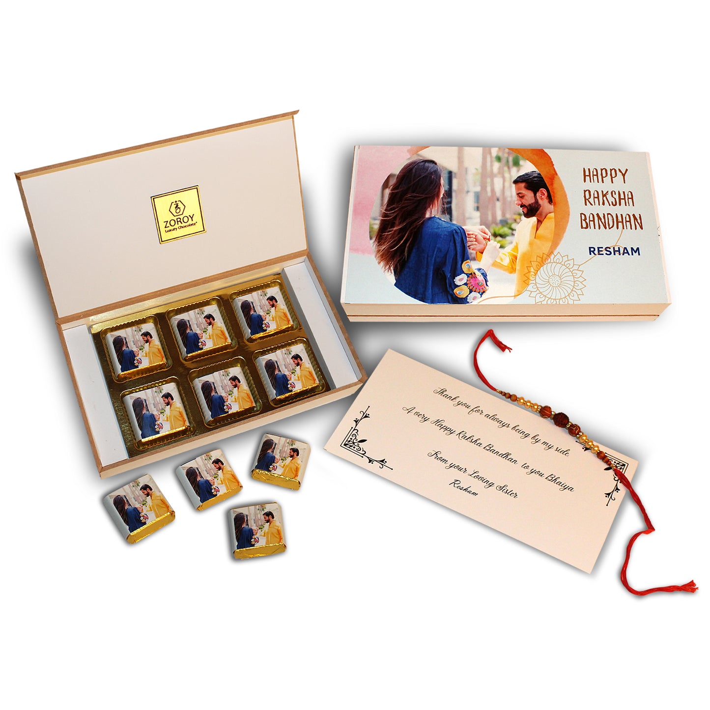 ZOROY Luxury Chocolate - Elegant Rakhi Gift For Brother & Sister - Personalised Gift Box And Wrapped Chocolates - 6 Pcs For Bhaiya Bhabhi Rakshabandhan Gift Combo With Free Rakhi
