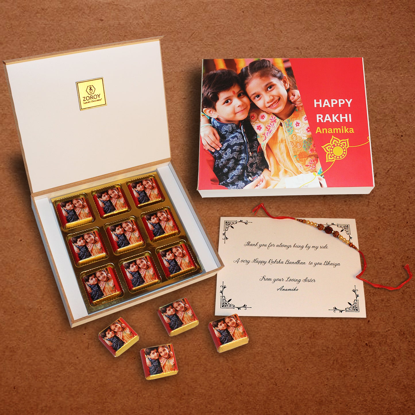 ZOROY - Elegant Rakhi Gift for Brother & Sister - Personalized Gift Box and Wrapped Chocolates - 9 Wrapped Chocolates