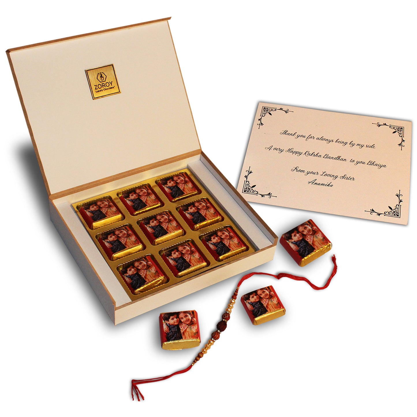 ZOROY - Elegant Rakhi Gift for Brother & Sister - Personalized Gift Box and Wrapped Chocolates - 9 Wrapped Chocolates