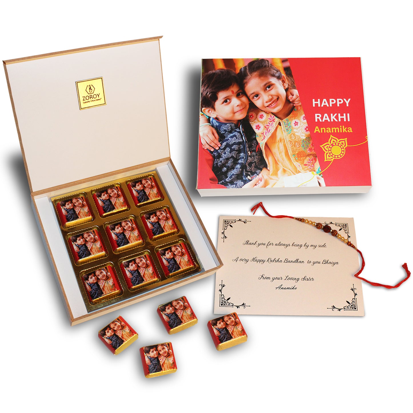 ZOROY - Elegant Rakhi Gift for Brother & Sister - Personalized Gift Box and Wrapped Chocolates - 9 Wrapped Chocolates