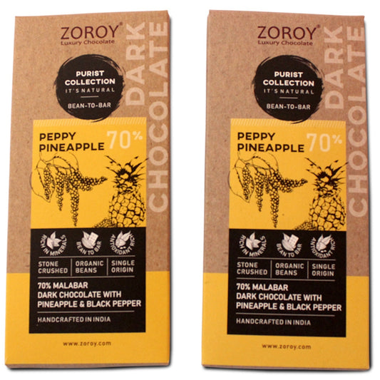 ZOROY Purist Collection, Set of 2 70% Organic Dark chocolate, with Pineapple and pepper - 116gms
