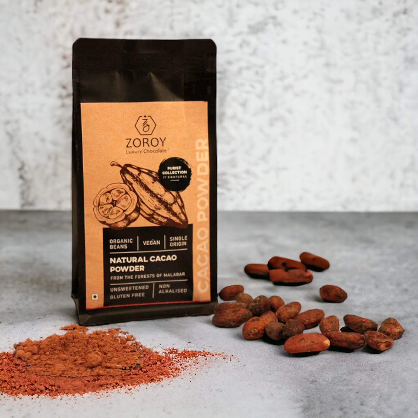 ZOROY Purist Collection Non-Alkalised Natural cacao Powder | Organic Beans | Vegan | Gluten free | High in anti oxidants | Un-sweetened | No colors | No preservatives | 200 gms