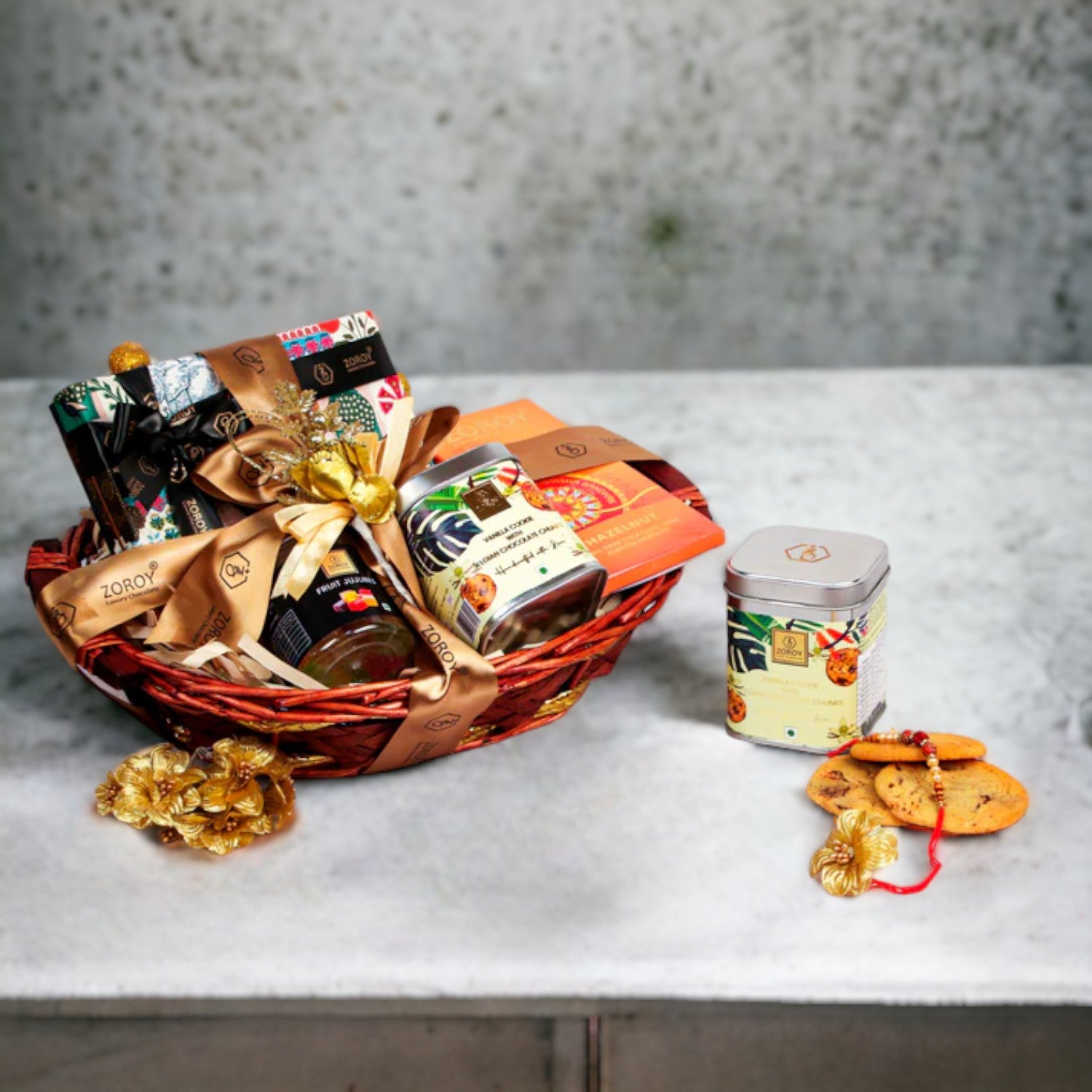 ZOROY Luxury Chocolate Rakhi Hamper for Brother Sister | Rakhi basket with chocolates | Happy Rakhi chocolate |Rakhi set for Bhaiya Bhabhi | handcrafted cookies | Rakhi gift combo | Rakshabandhan gift