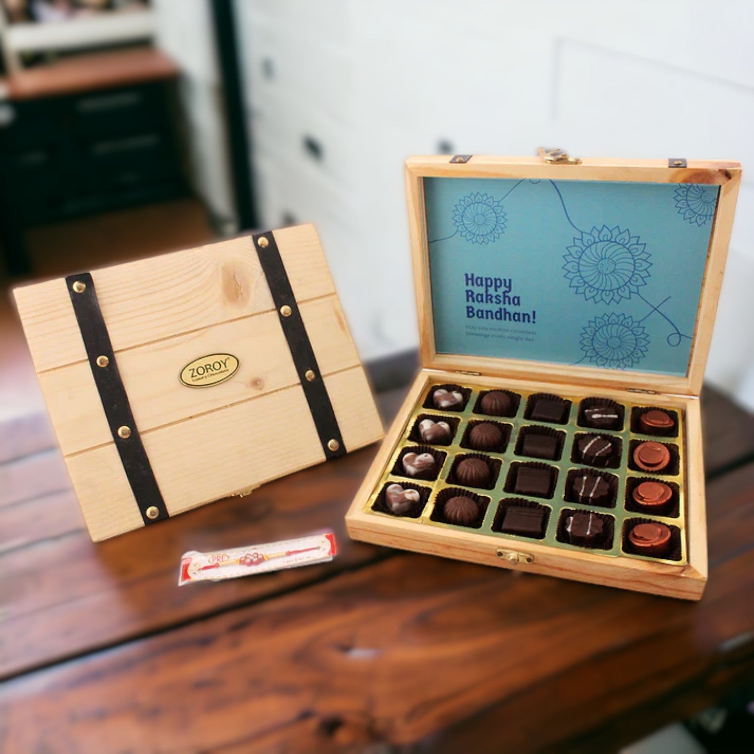 ZOROY Luxury Chocolate Rakhi Chocolate Gift for Brother |Pine Wood Box |Rakhi Gift for Brother and Bhabhi |Rakhshabandhan gift for sister| Rakhi gift combo | rakhi chocolate pack | Complimentary Rakhi