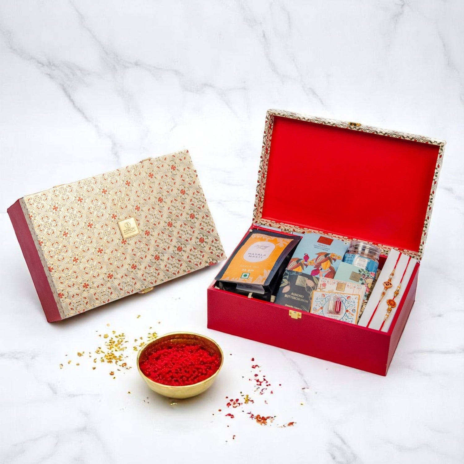 ZOROY Opulent Wooden Rakhi Gift Hamper | Traditional Design with Assorted Snacks & Chocolates | Includes 2 Rakhis, Akshat Kumkum & Rakhi Card | Premium Raksha Bandhan Gift Box for Brother & Sister