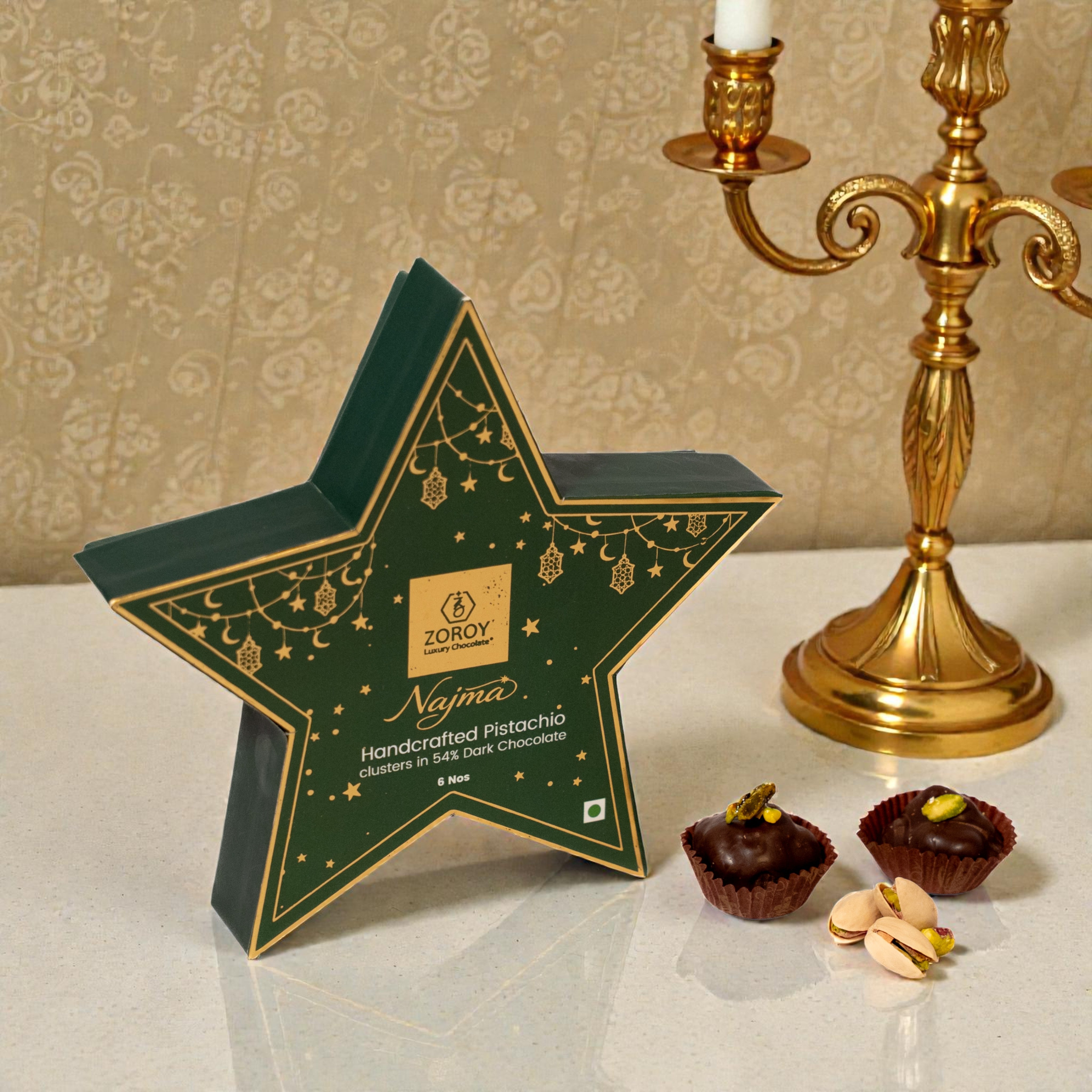 ZOROY Ramzan & Eid Mubarak Najma Chocolate Gift Box | Star Shaped Premium Dark Chocolate with Caramelised Pista Clusters | Festive Hamper for Gifting | 6 Nos